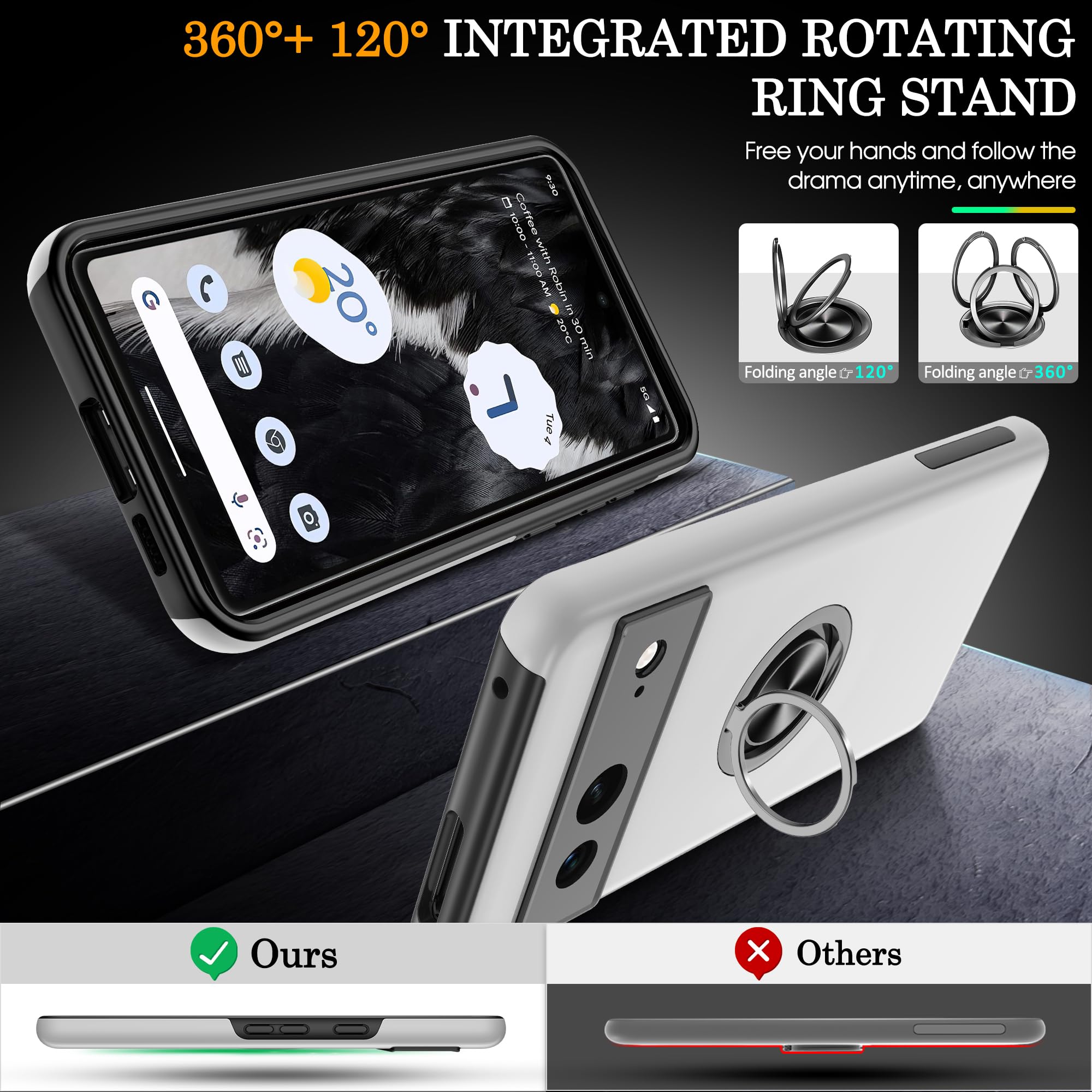 Shockproof Google Pixel 7 Case with HD Screen Protector & 360° Magnetic Ring Holder Kickstand - Silver | Perfect for Work, Travel, and Everyday Protection