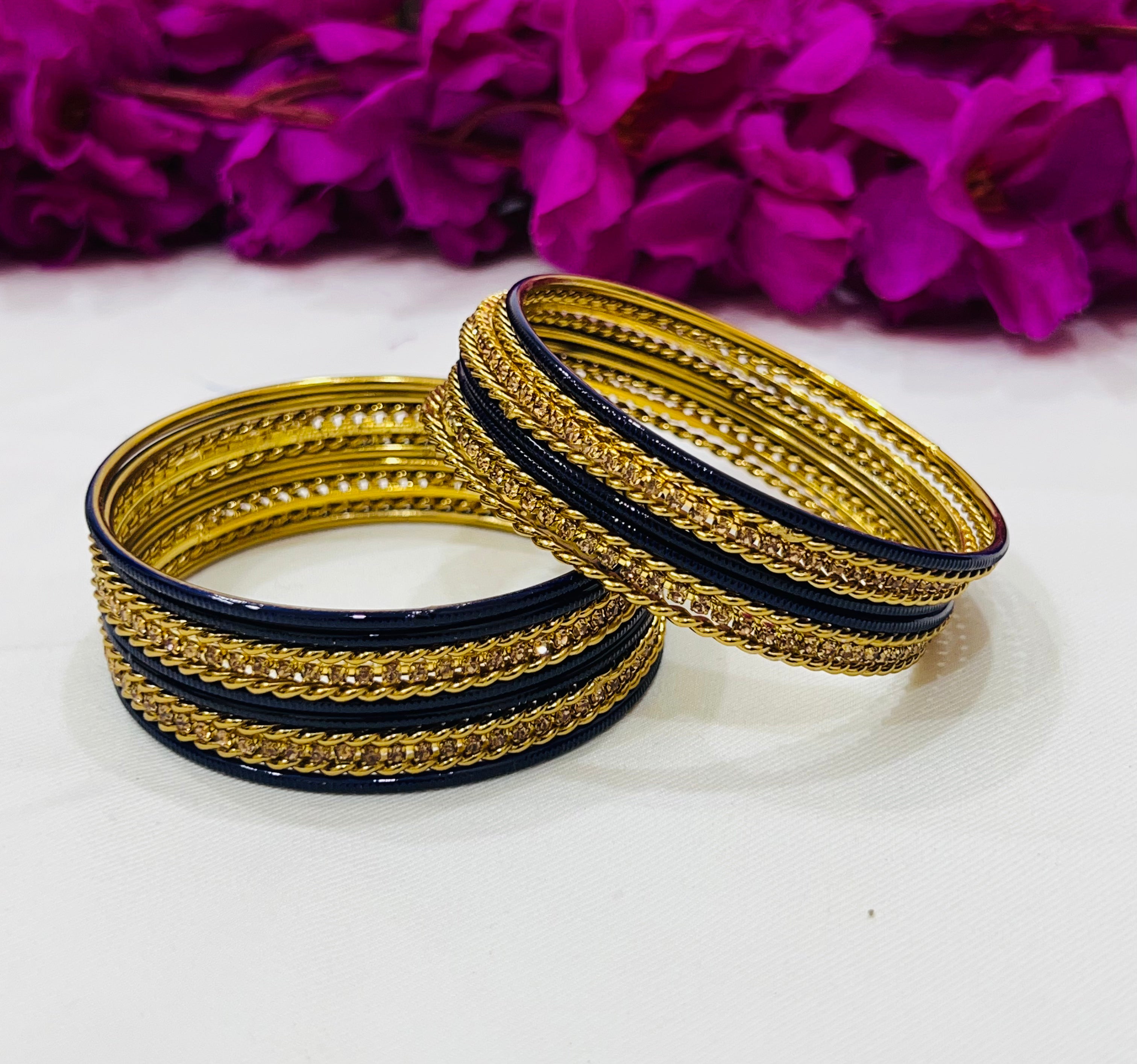Exquisite Navy Blue Metal Bangles with Golden Stone for Women - Elegant Jewelry for Parties, Weddings & Everyday Wear