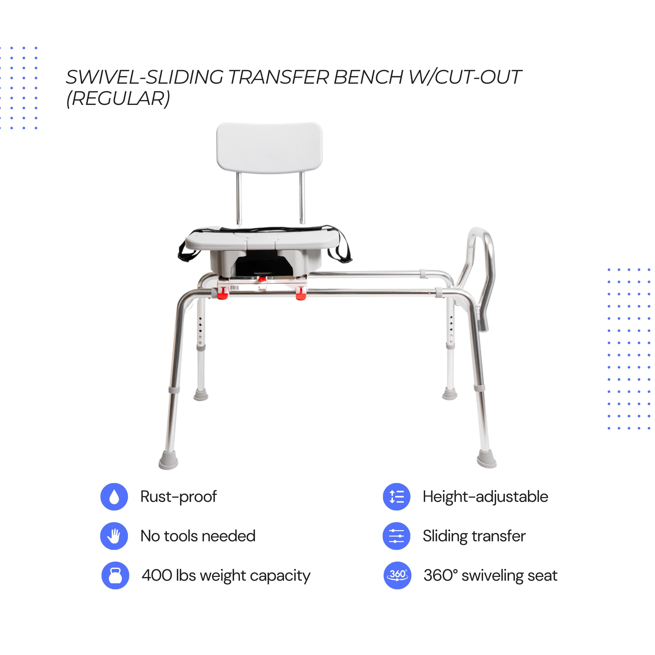 Eagle Health Supplies Adjustable Height Swivel Sliding Shower Chair & Bathtub Transfer Bench with Cut-Out Design - Heavy Duty 400 lbs Capacity - Safety Shower Seat for Elderly & Disabled Adults - Ideal for Bathroom Safety, Mobility Assistance & Post-Surgery Recovery (Model 77663)