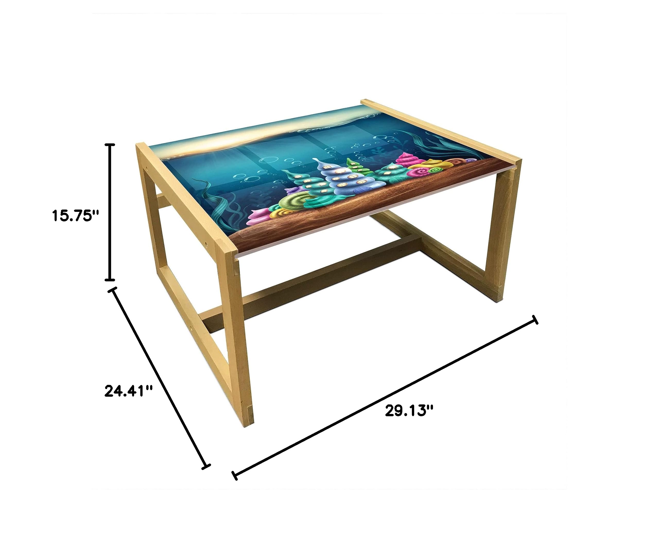 Ambesonne Ocean Themed Coffee Table - Underwater Fantasy Kingdom with Shell Houses & Water Bubbles Cartoon Print, Acrylic Glass Top & Wooden Frame - Medium Size Teal Brown - Perfect for Offices, Dorms, Living Rooms & Coastal Decor