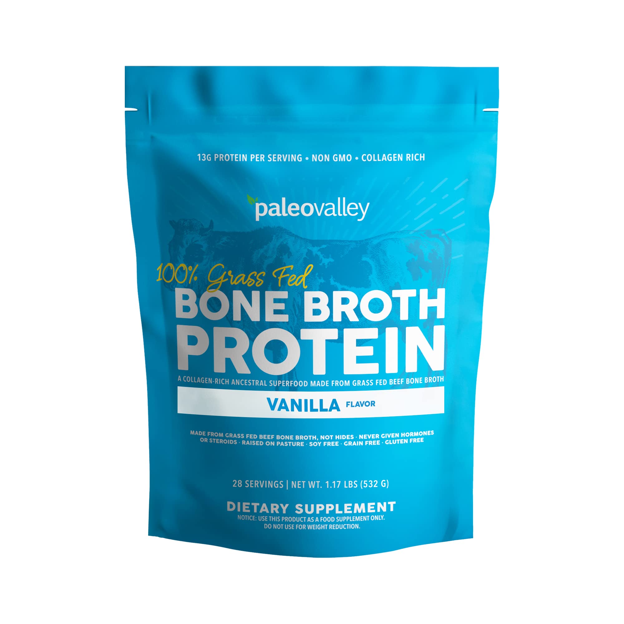 Paleovalley 100% Grass Fed Bone Broth Protein Powder Vanilla - Collagen Rich Supplement for Hair, Skin, Gut Health & Joint Support - 28 Servings - Perfect for Post-Workout Recovery & Keto/Paleo Diets