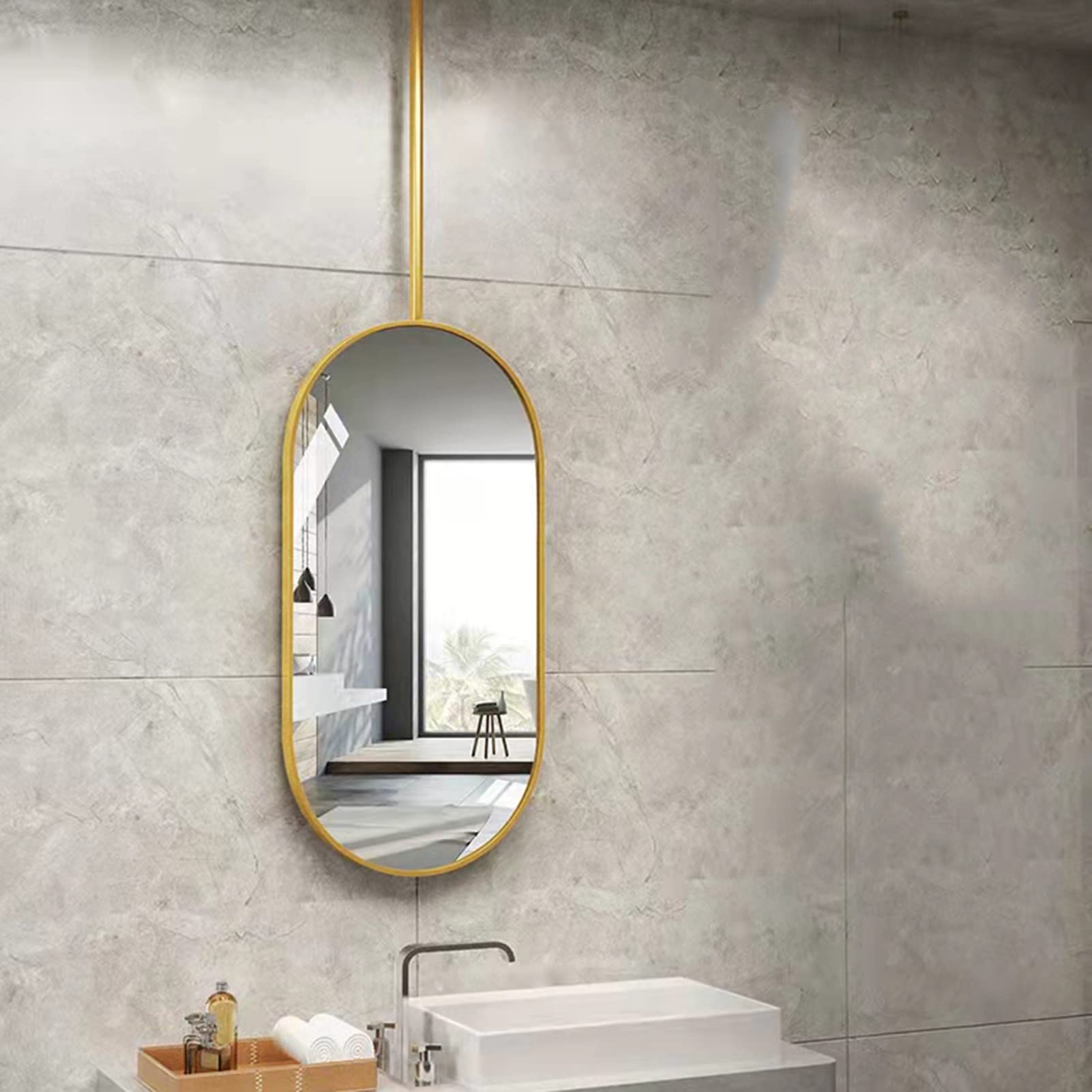 Gold Ceiling Mounted Mirror Hanging Rod - 40cmx60cm Clear Floating Bathroom Vanity Mirror for Home & Hotel Decor, Makeup & Decorative Use
