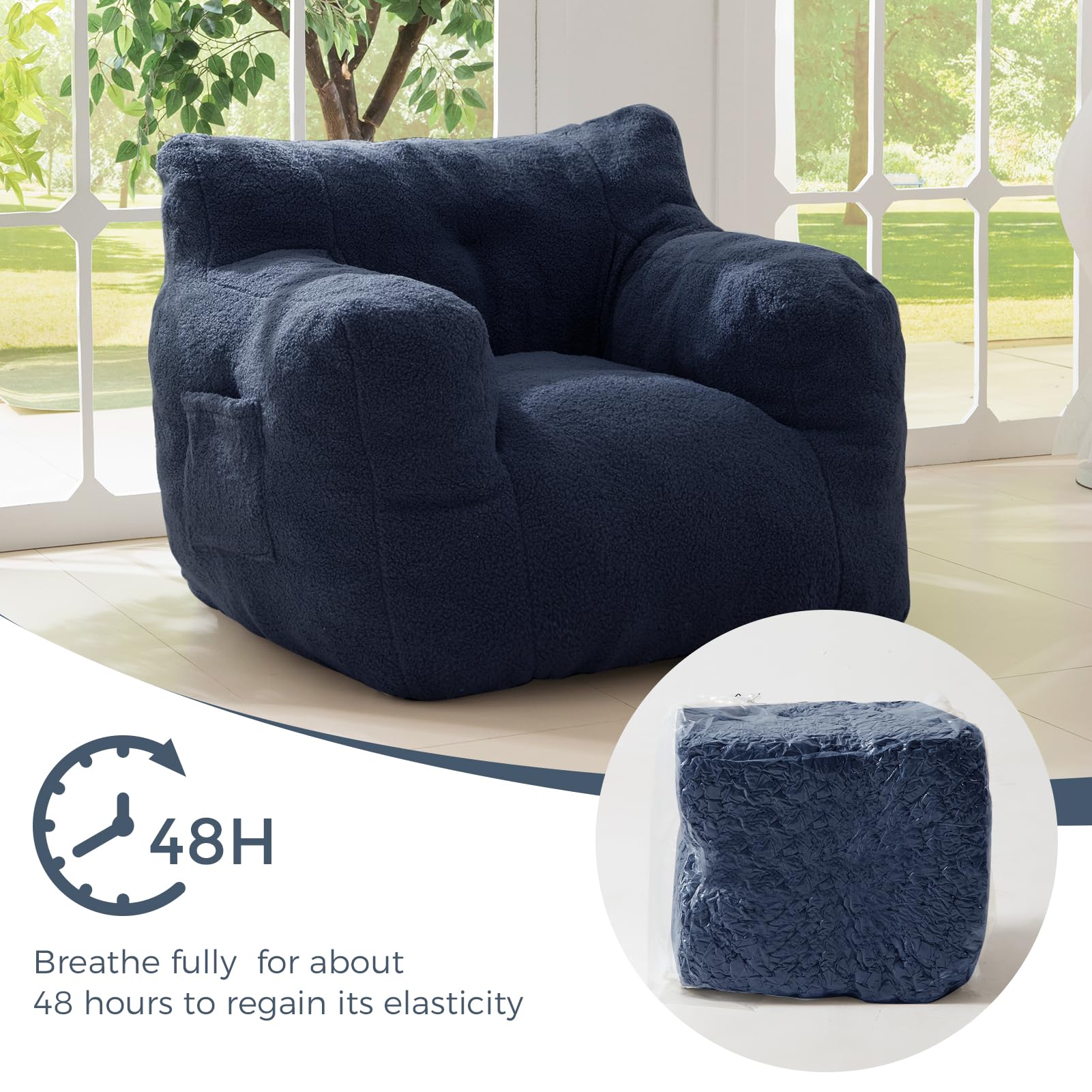 MAXYOYO Sherpa Bean Bag Chair - Soft Boucle Tufted Bean Bag Couch for Living Room, Bedroom & Game Room - Comfortable Lazy Sofa for Adults & Kids in Navy Blue - Perfect for Relaxing, Reading & Movie Nights