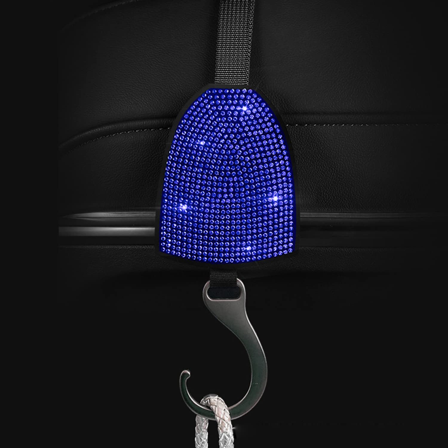 2-Pack Shining Bling Car Back Seat Headrest Hooks - Crystal Diamond Car Decor Accessories for Women - Universal Fit Hidden Hanger (Blue) - Perfect for Organizing Purses, Masks & Shopping Bags in Your Vehicle