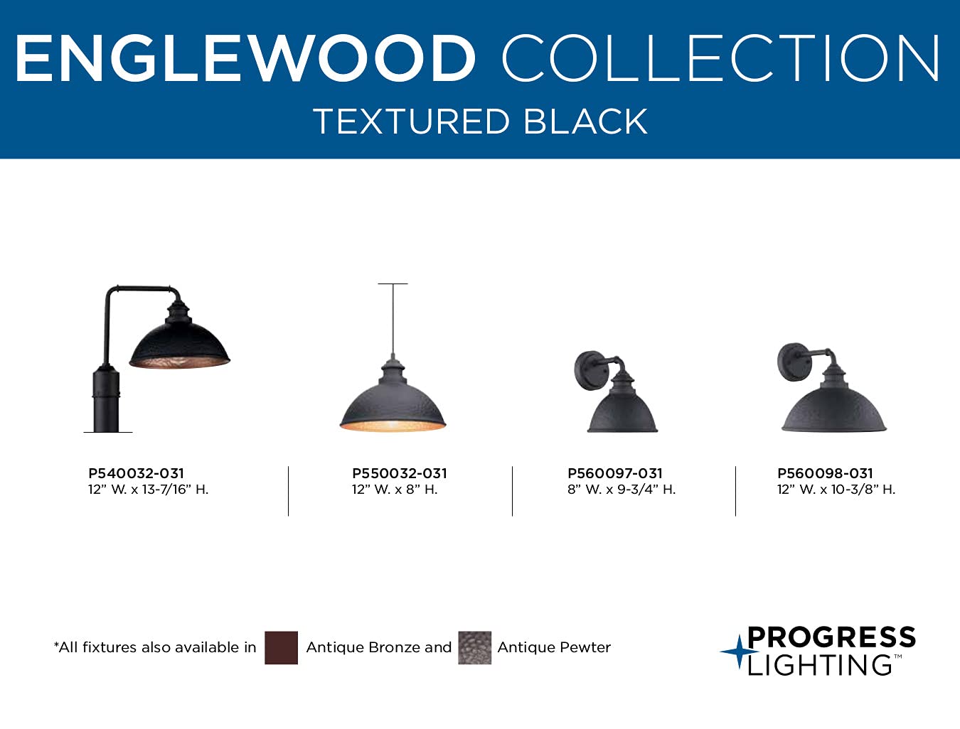 Progress Lighting Englewood Collection 1-Light Farmhouse Outdoor Wall Lantern - Textured Black Finish, 10.38x12x12 Inches - Perfect for Porch, Patio & Garden Lighting