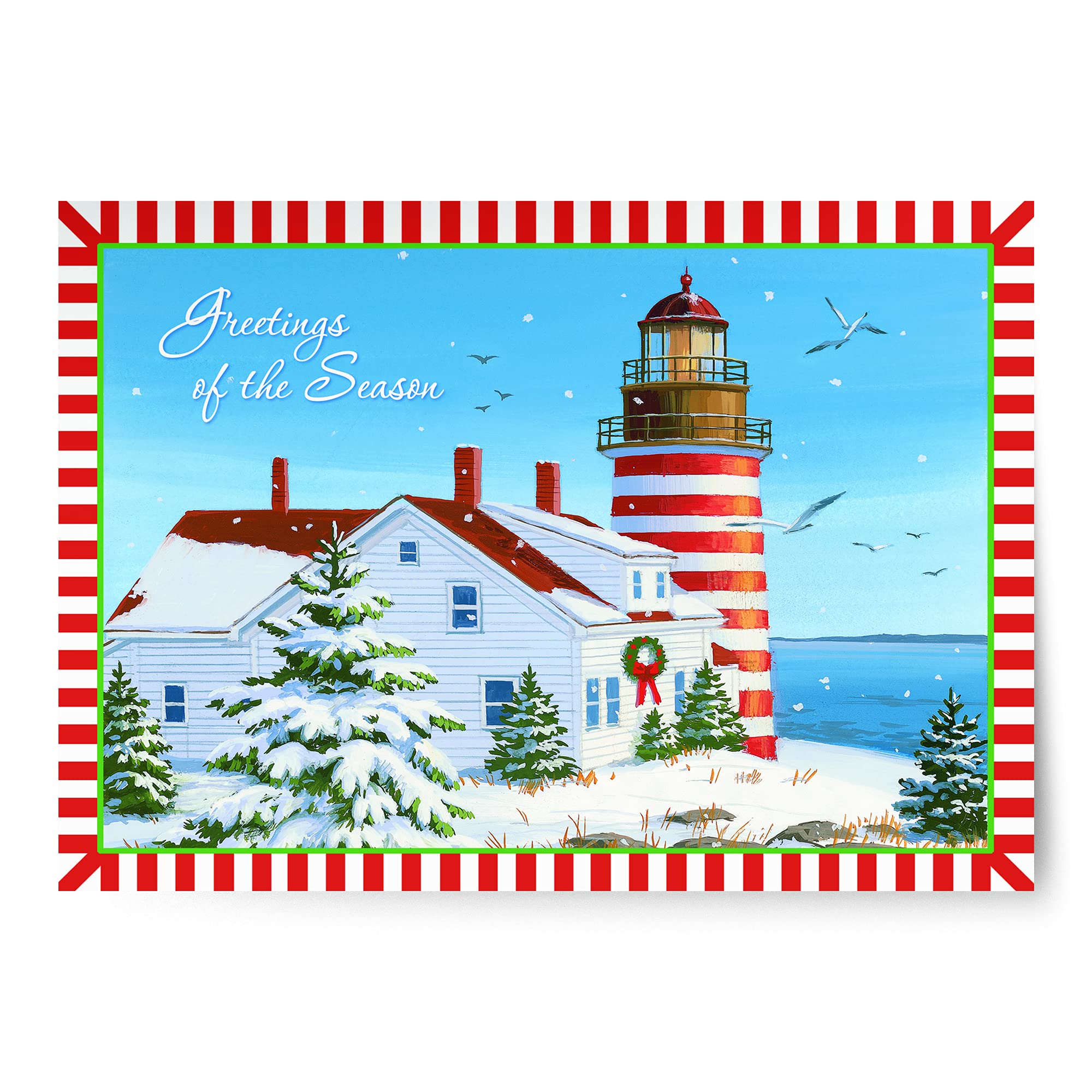 Red Farm Studios Designer Christmas Greeting Cards - Lighthouse in the Snow (Box of 18 Nautical Coastal Holiday Cards with White Envelopes) for Holiday Wishes, Office Gifts & Festive Decorations