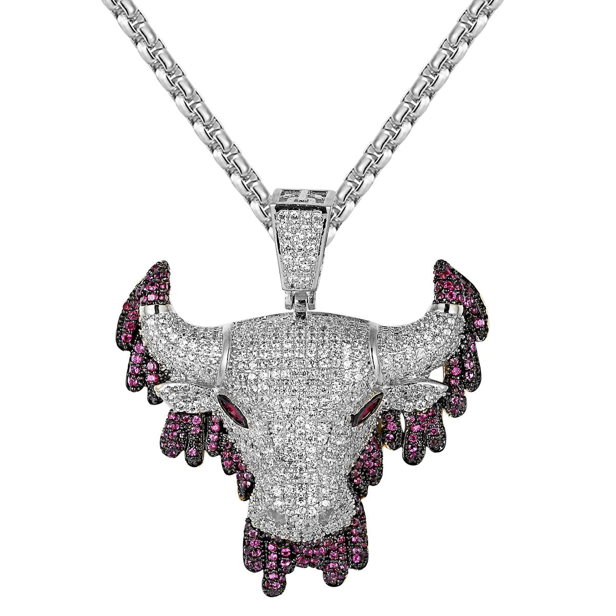 3D Silver Pink Dripping Bull Pendant Necklace for Men - Hip Hop Bling Custom Jewelry - Perfect for Parties, Gifts & Streetwear Fashion