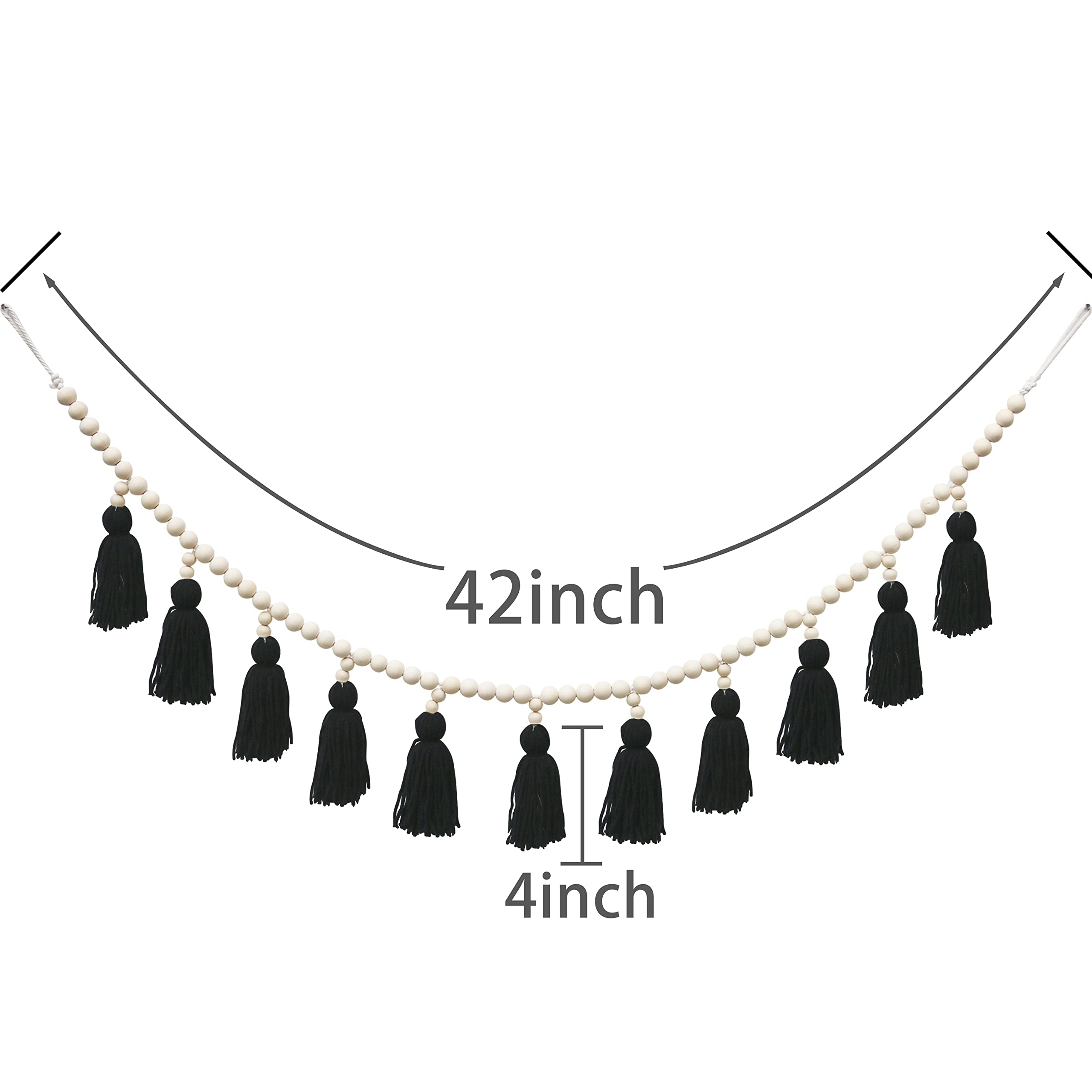 Boho Tassel Garland with Wood Beads - Macrame Wall Hanging Decor for Nursery, Girls Room, Baby Shower & Classroom - Black | Perfect for Boho Home Decor, Wedding Backdrops & Party Decorations