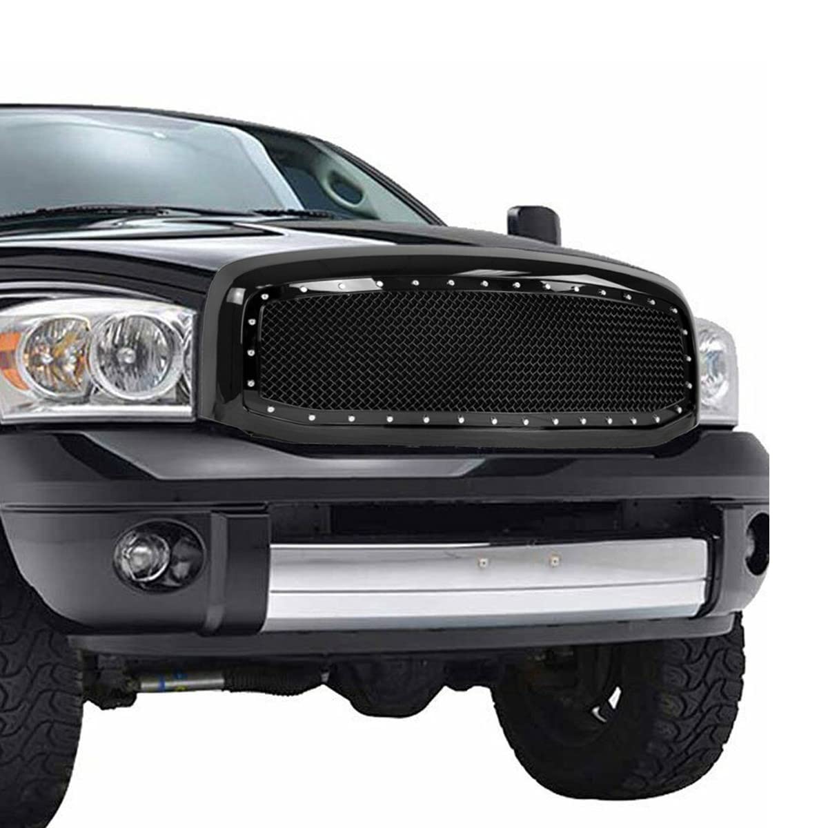 Gloss Black Paragon Front Grille for 2006-2008 Dodge Ram 1500/2500/3500 - Heavy Duty Mesh Grill with Rivets - Upgrade Your Truck's Style for Off-Road & Daily Driving
