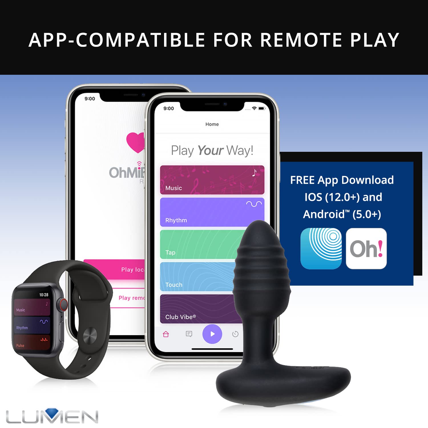 OhMiBod Lumen Bluetooth App Controlled LED Vibrating Butt Plug - 4 Powerful Vibration Modes, Waterproof & Body-Safe Silicone Anal Toy for Couples Play - Long Distance Sex Toy for Romantic Nights & Virtual Intimacy
