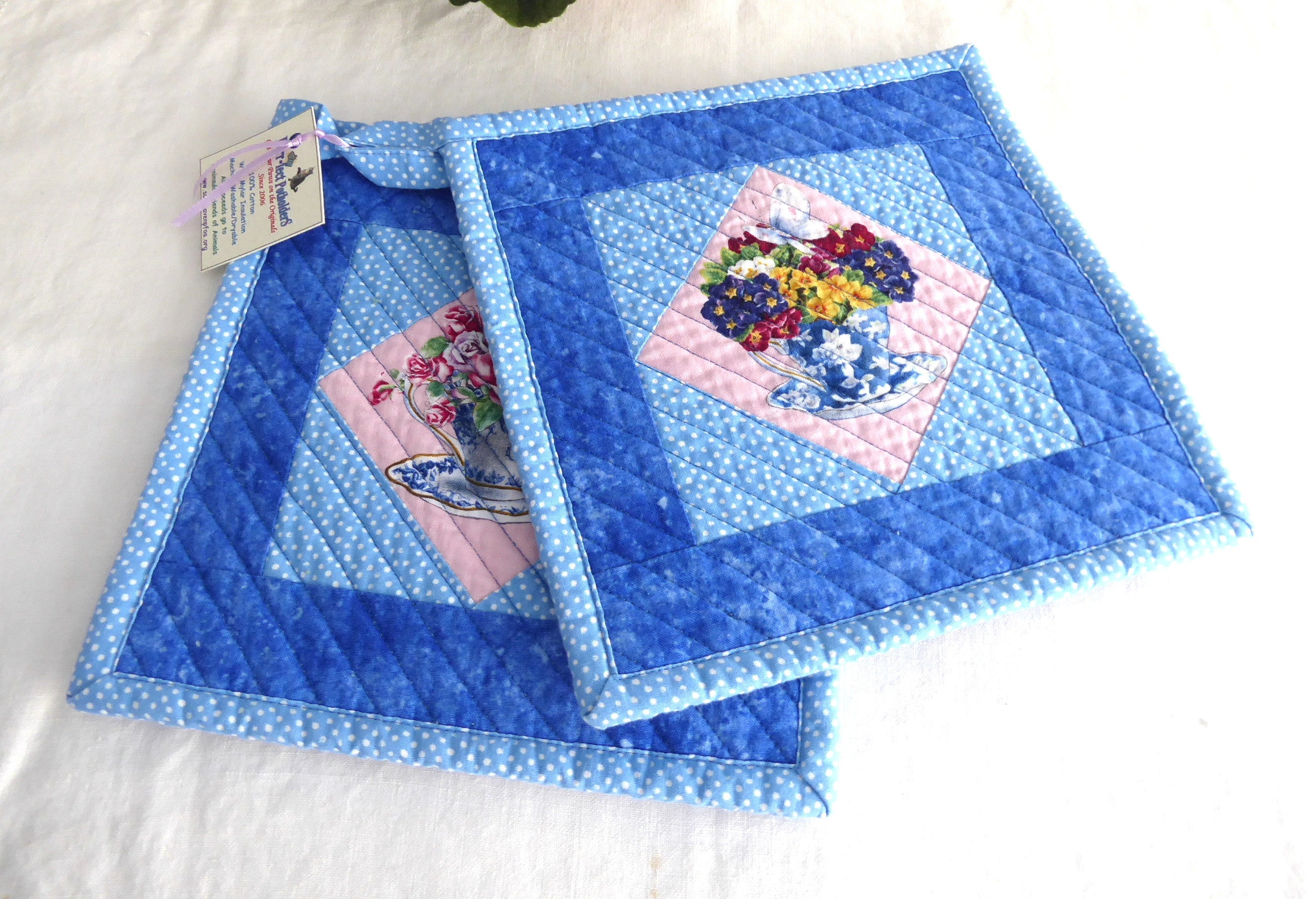 Handmade Blue and Pink Teacup Themed Potholders - Set of 2 Heat Resistant Kitchen Accessories for Baking, Cooking & Home Decor - Supports Animal Charity