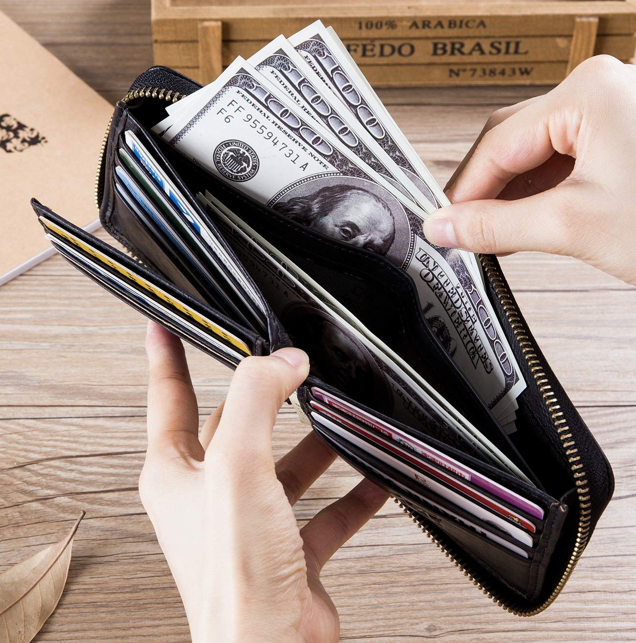 BULLCAPTAIN Genuine Leather RFID Blocking Wallet for Men - Slim Bifold Zipper Credit Card Holder with Money Clip (Black) | Perfect for Business, Travel & Everyday Use