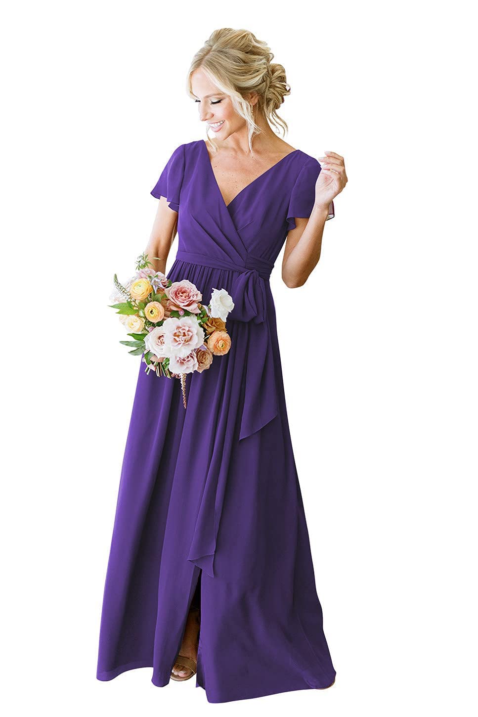 ReMiFang Women's Short Sleeve V-Neck Chiffon Bridesmaid Dress - Elegant Formal Evening Gown for Weddings, Parties & Special Occasions