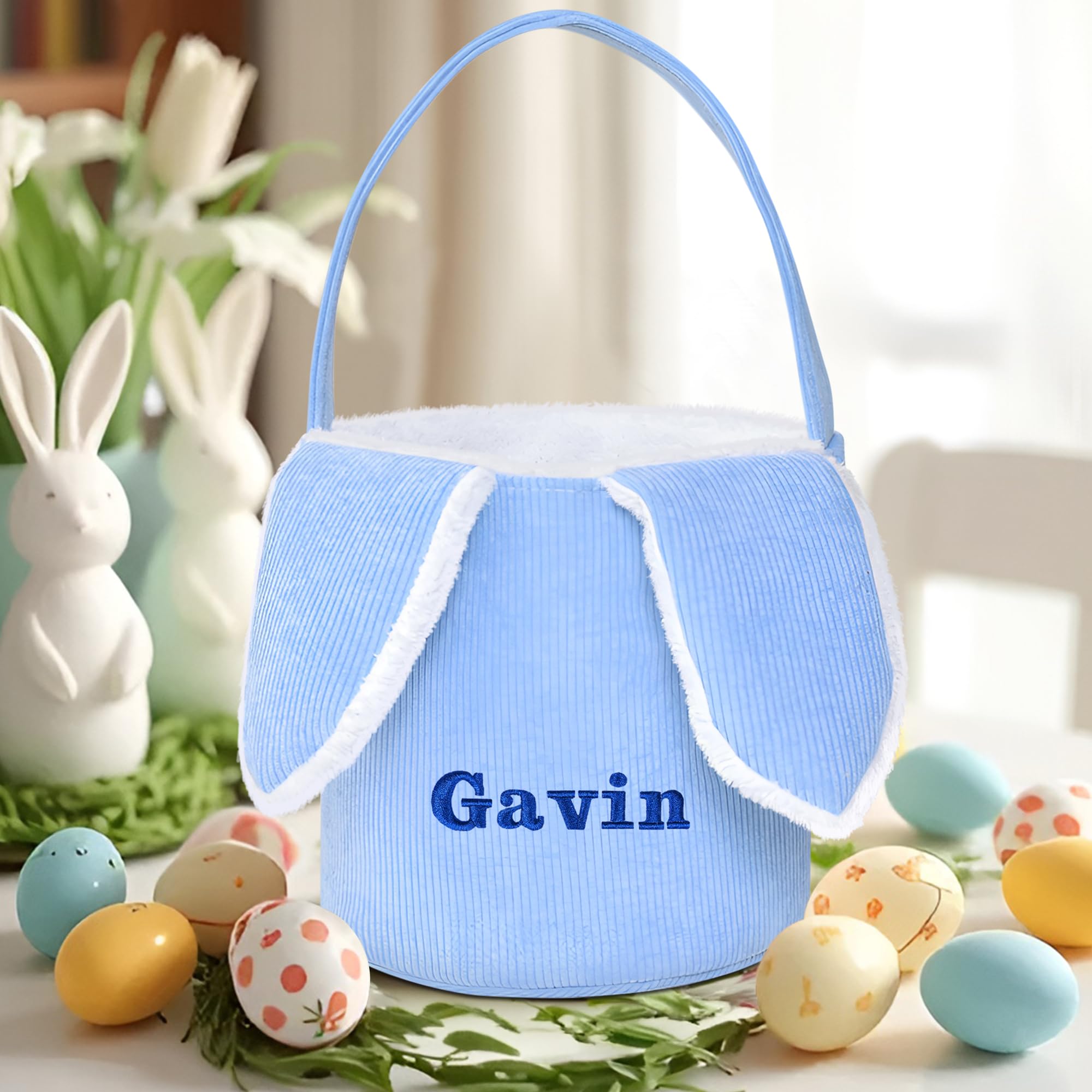 Personalized Easter Baskets for Kids - Blue Bunny Ear Easter Basket with Handle for Egg Hunt, Easter Party & Spring Decor | Jocidea Easter Gift Basket for Boys & Girls