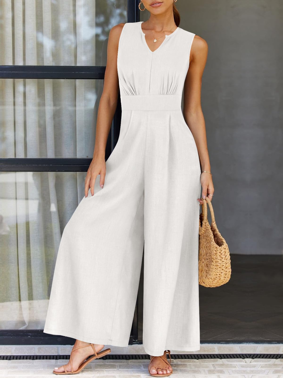 ANRABESS Women's Summer Linen Jumpsuit - Sleeveless V-Neck High Waist Wide Leg Romper | Casual Beach Outfit for Vacation, Party & Outdoor Activities