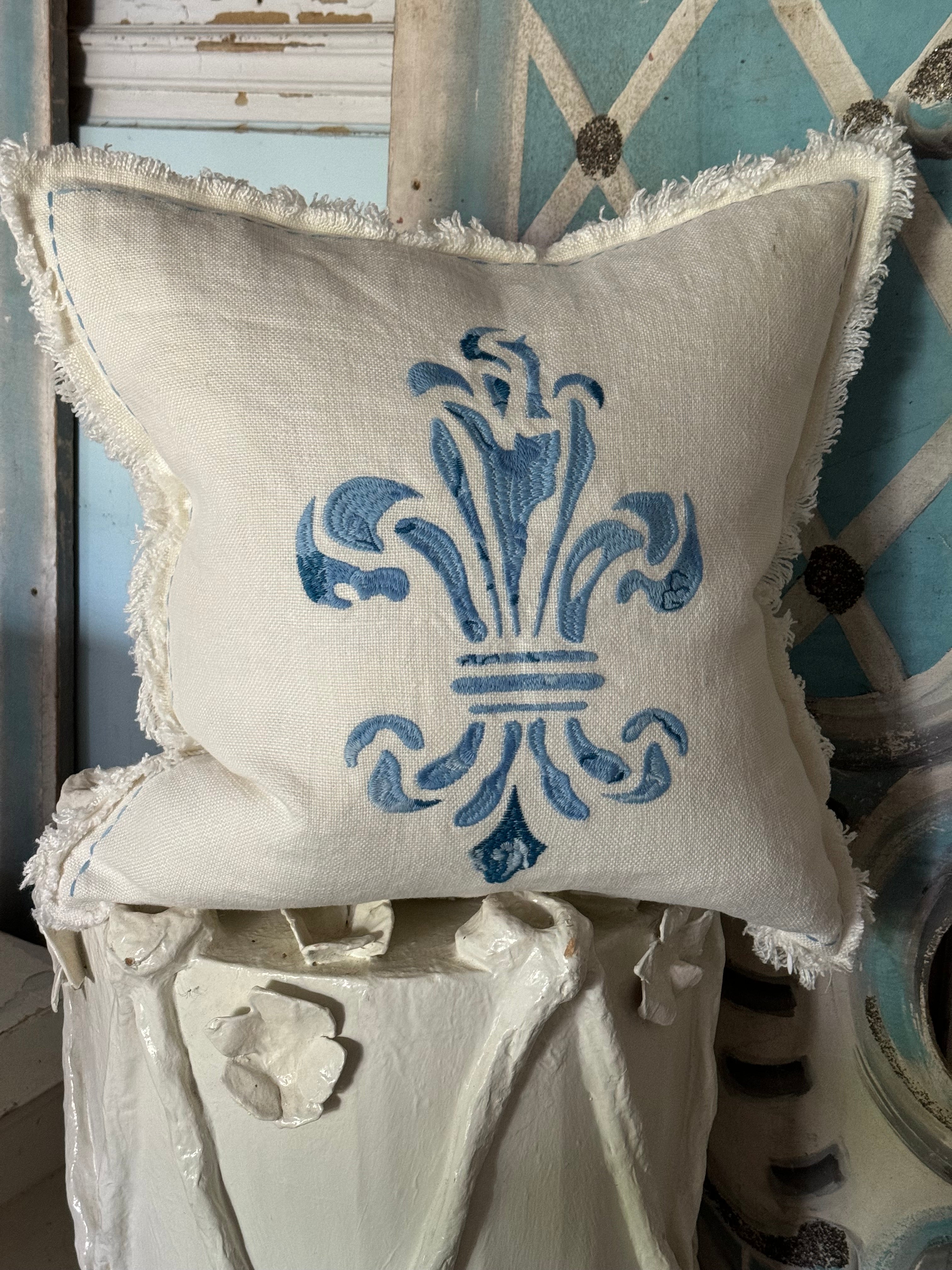 Fleur de Lis Embroidered Blue Decorative Throw Pillow Cover - Elegant Home Decor for Sofa, Bedroom & Living Room - 18x18 Inches