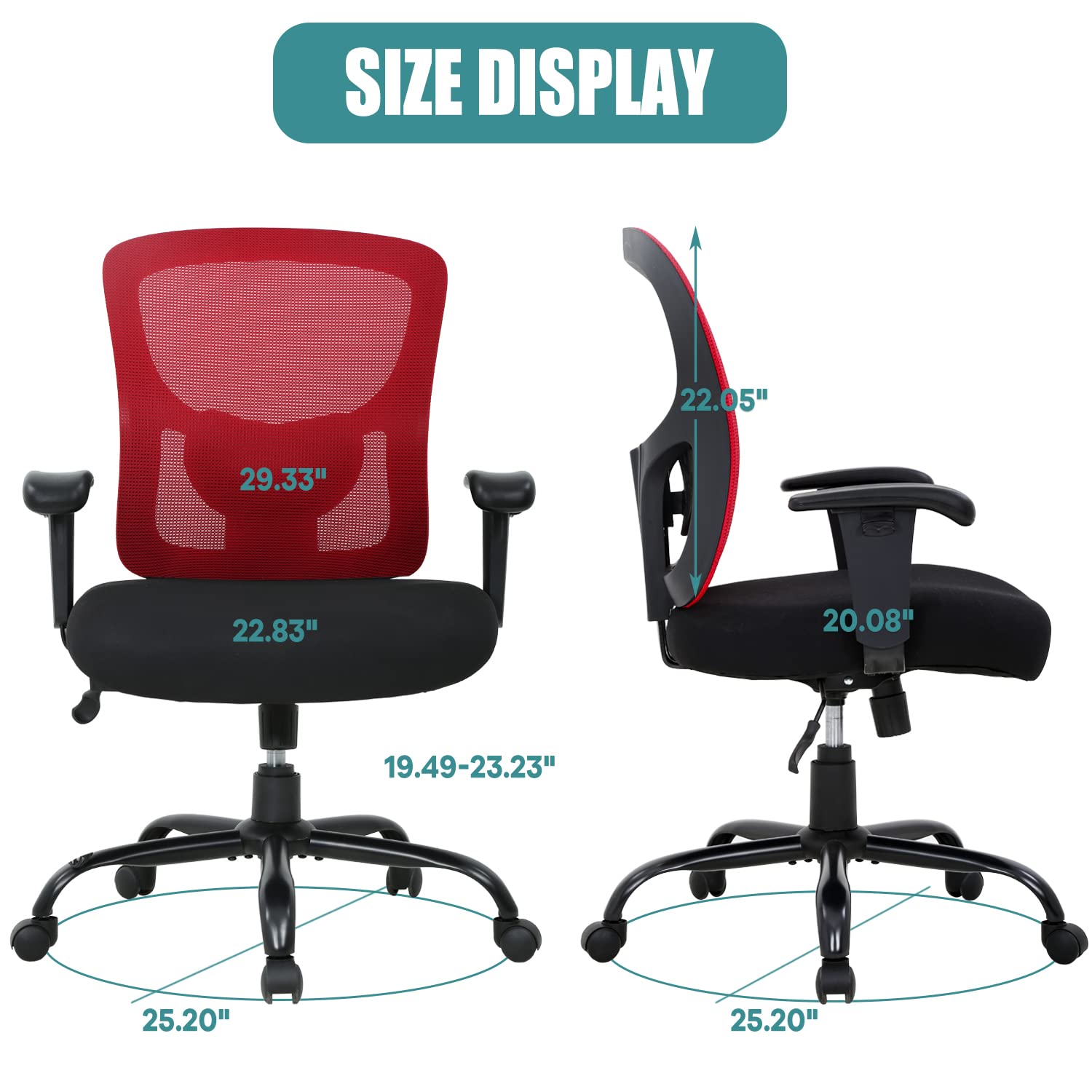 Big and Tall Office Chair for Heavy People 400lbs - Extra Wide Computer Desk Chair with Adjustable Arms & Ergonomic Lumbar Support - Heavy Duty Rolling Chair for Home Office (Red) - Perfect for Long Work Hours & Comfortable Workspace Setup