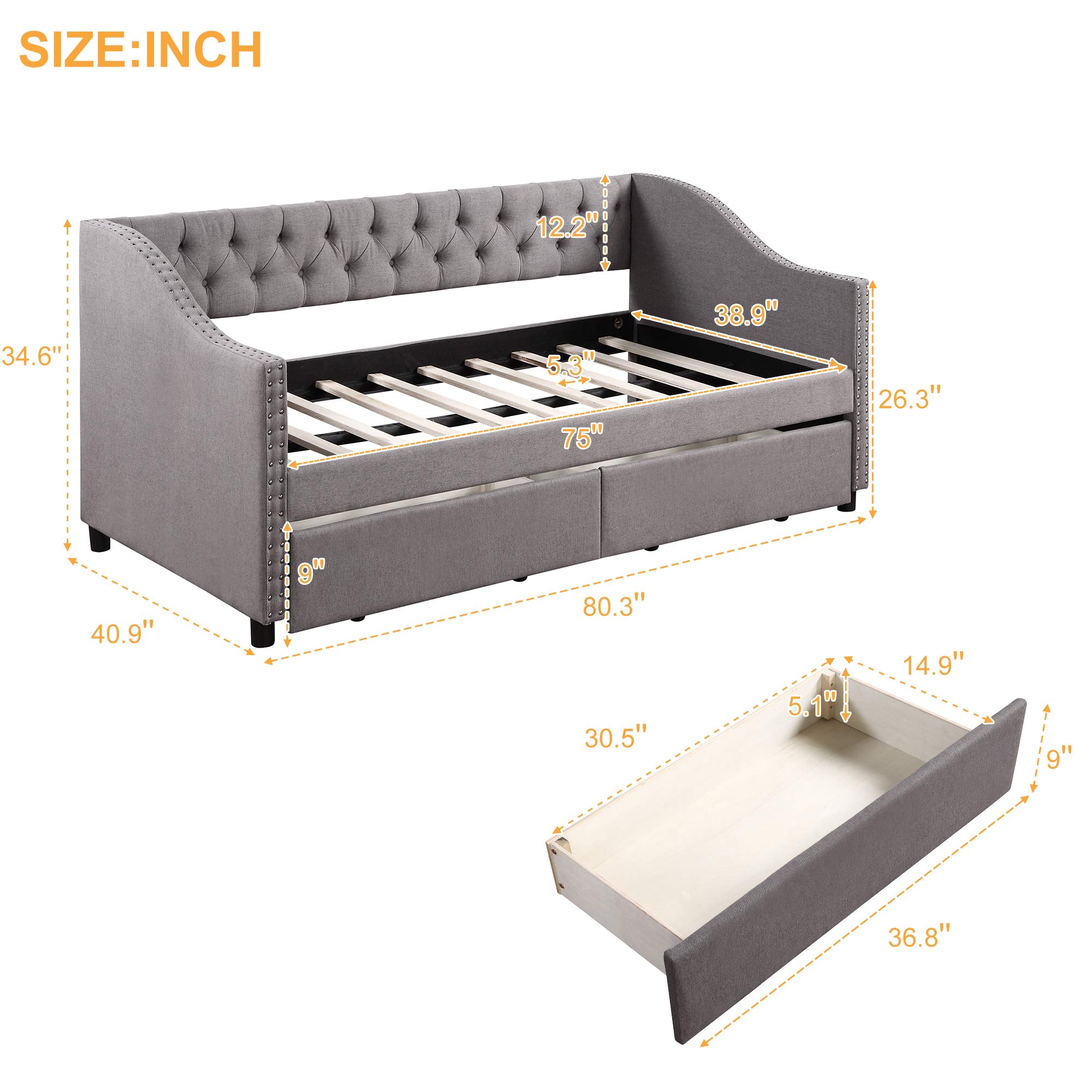 Twin Upholstered Daybed with 2 Storage Drawers, Tufted Sofa Bed with Nailhead Trim & Wood Slat Support - Perfect for Guest Rooms, Small Apartments & Multi-Functional Spaces