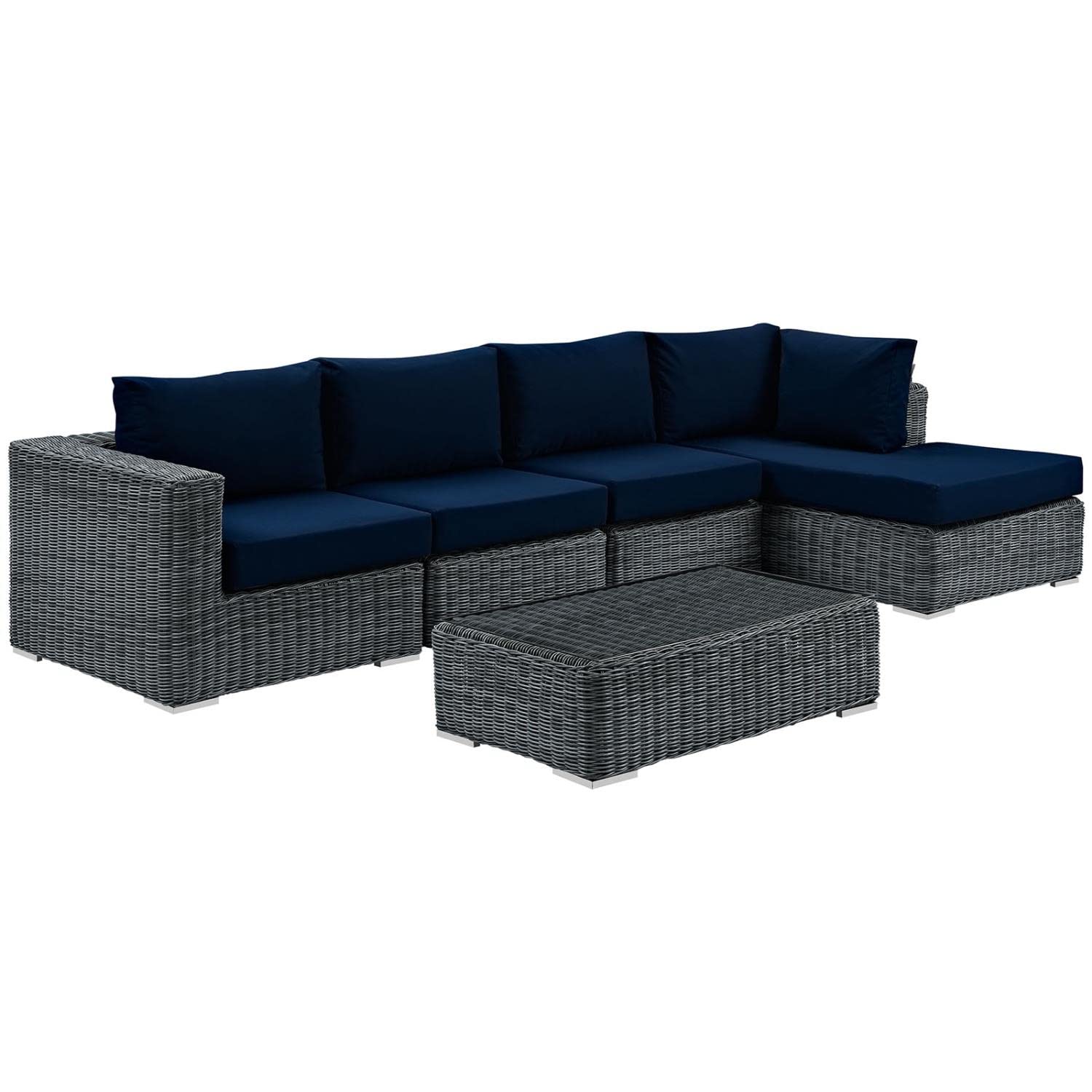 Modway Summon 5-Piece Outdoor Patio Sectional Set with Sunbrella Cushions in Navy Canvas - Perfect for Backyard, Poolside & Garden Relaxation