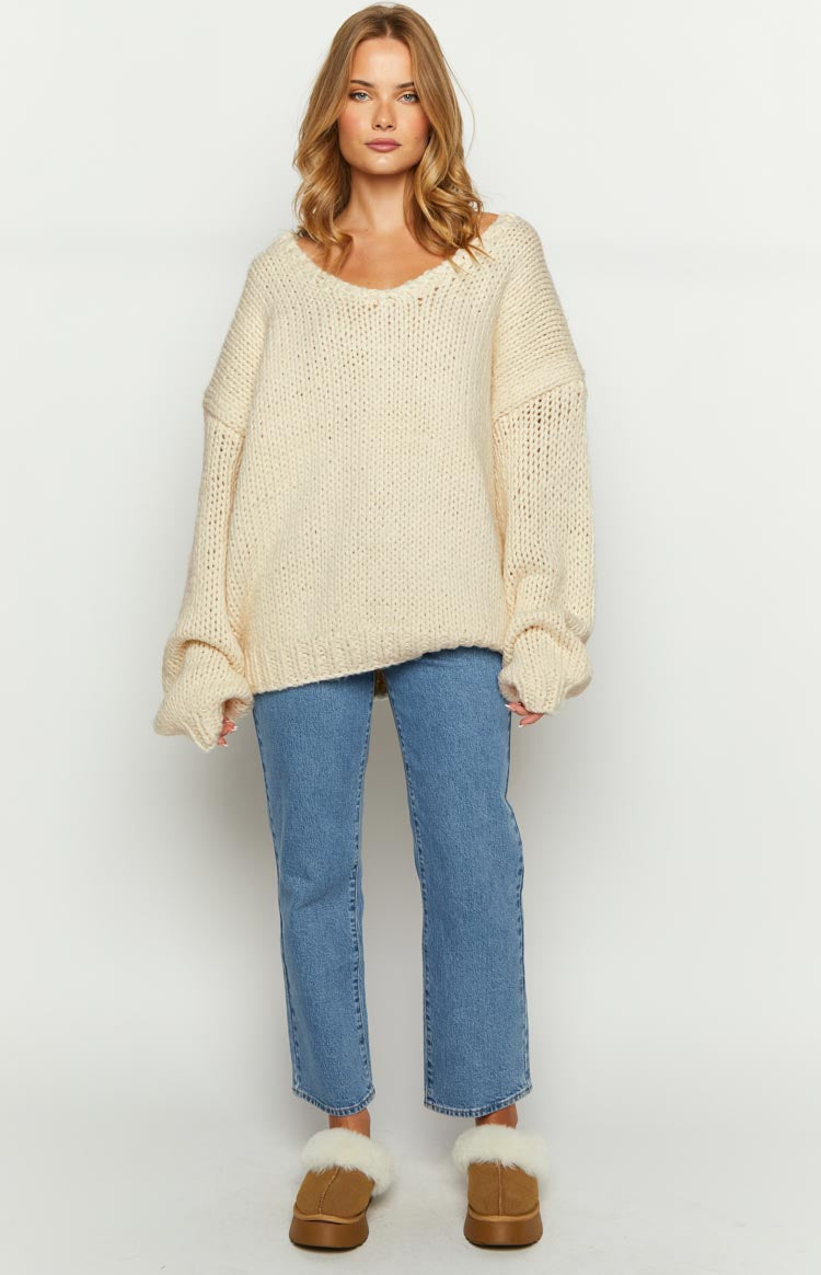 Delvey Cream Chunky Knit Sweater for Women - Soft Oversized Cable Knit Pullover - Cozy Winter Sweater for Casual Outfits & Cold Weather