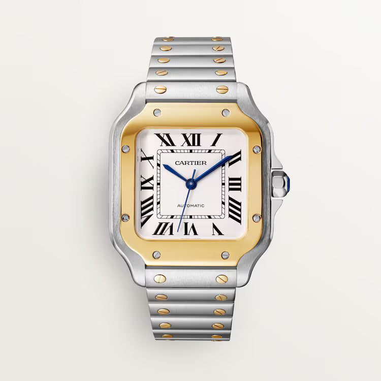 Cartier Santos de Cartier W2SA0016 Men's Watch - 18K Yellow Gold & Stainless Steel 41.9mm Silver Opaline Dial with Santos Bracelet | Luxury Dress Watch for Business, Weddings & Formal Occasions