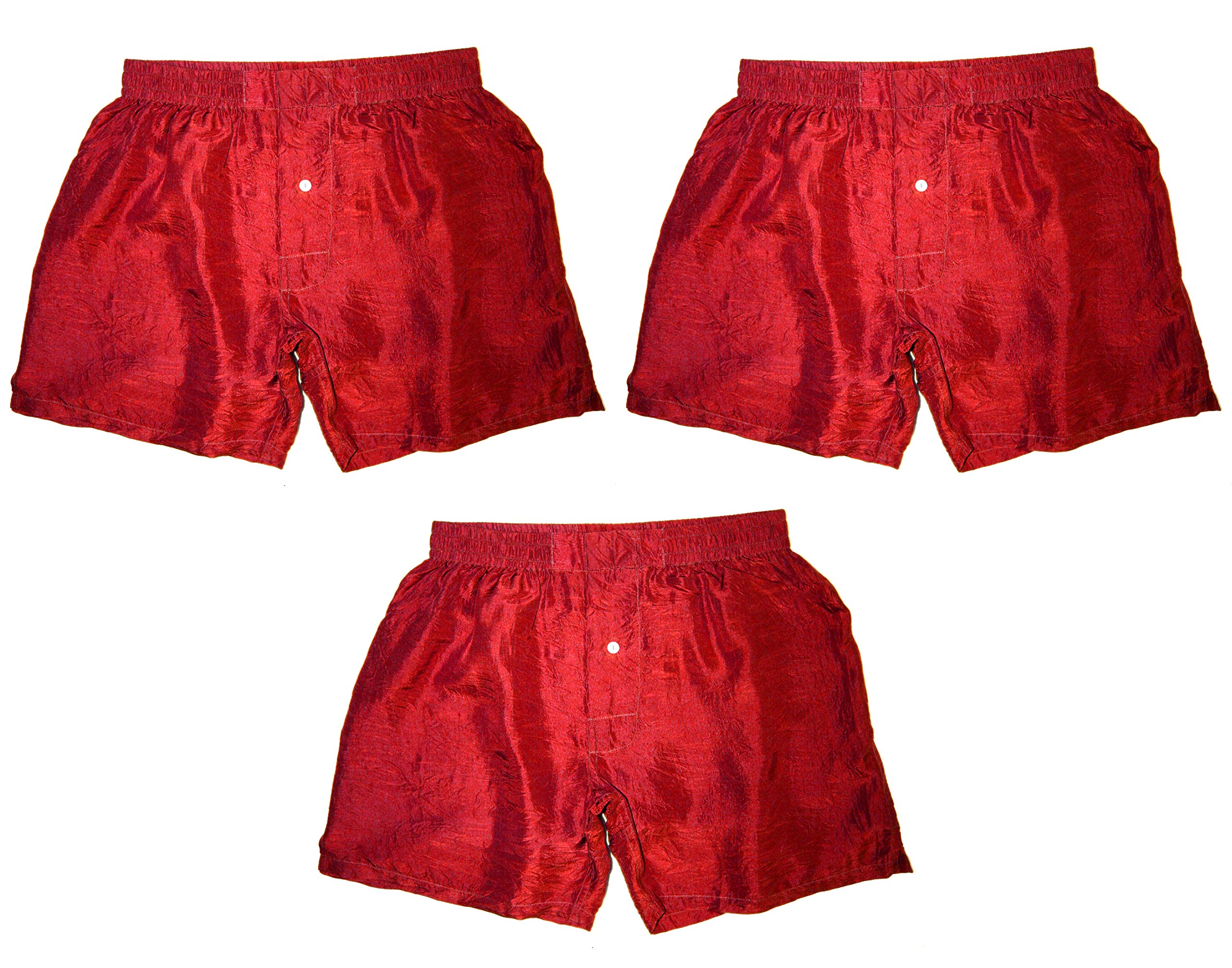 Premium 100% Silk Men's Boxer Shorts - Royal Red 3-Pack (Sizes 30-42) | Breathable & Luxurious Underwear for Sleep, Travel & Everyday Comfort