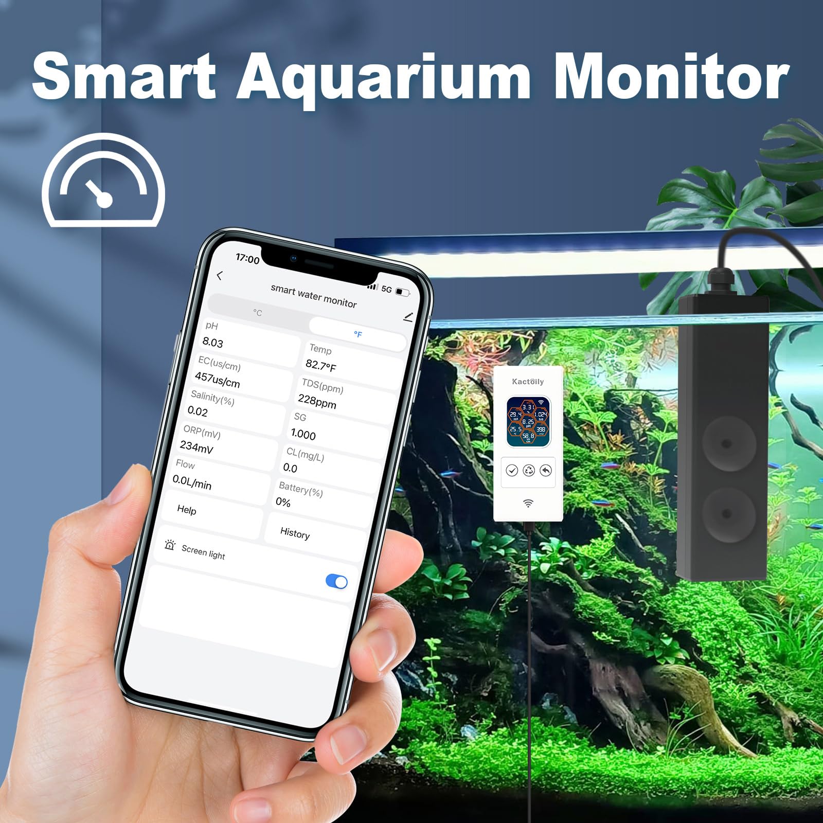 Smart Aquarium Water Quality Monitor - pH, ORP, Salt, TDS, EC & Temperature Tester with WiFi for Freshwater & Saltwater Fish Tanks | 24/7 Remote Monitoring for Healthy Aquatic Life