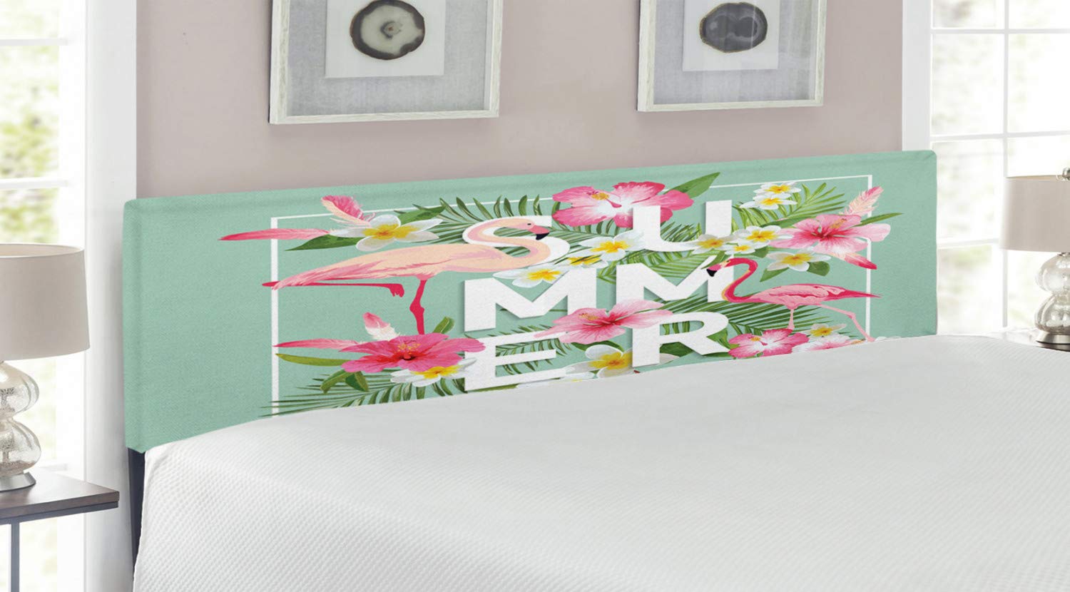 Ambesonne Floral King Size Headboard - Tropical Flower & Flamingos Retro Design, Upholstered Decorative Metal Bed Frame with Memory Foam in Mint Green & Pink | Perfect for Bedroom Decor, Wedding Romance Theme, and Tropical Home Styling