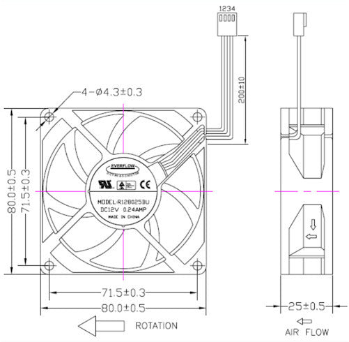 Everflow 80x80x25mm Dual Ball Bearing PWM Fan R128025BU AF - High Performance Cooling Fan for PC, Gaming Rig, Server & Electronics Cooling