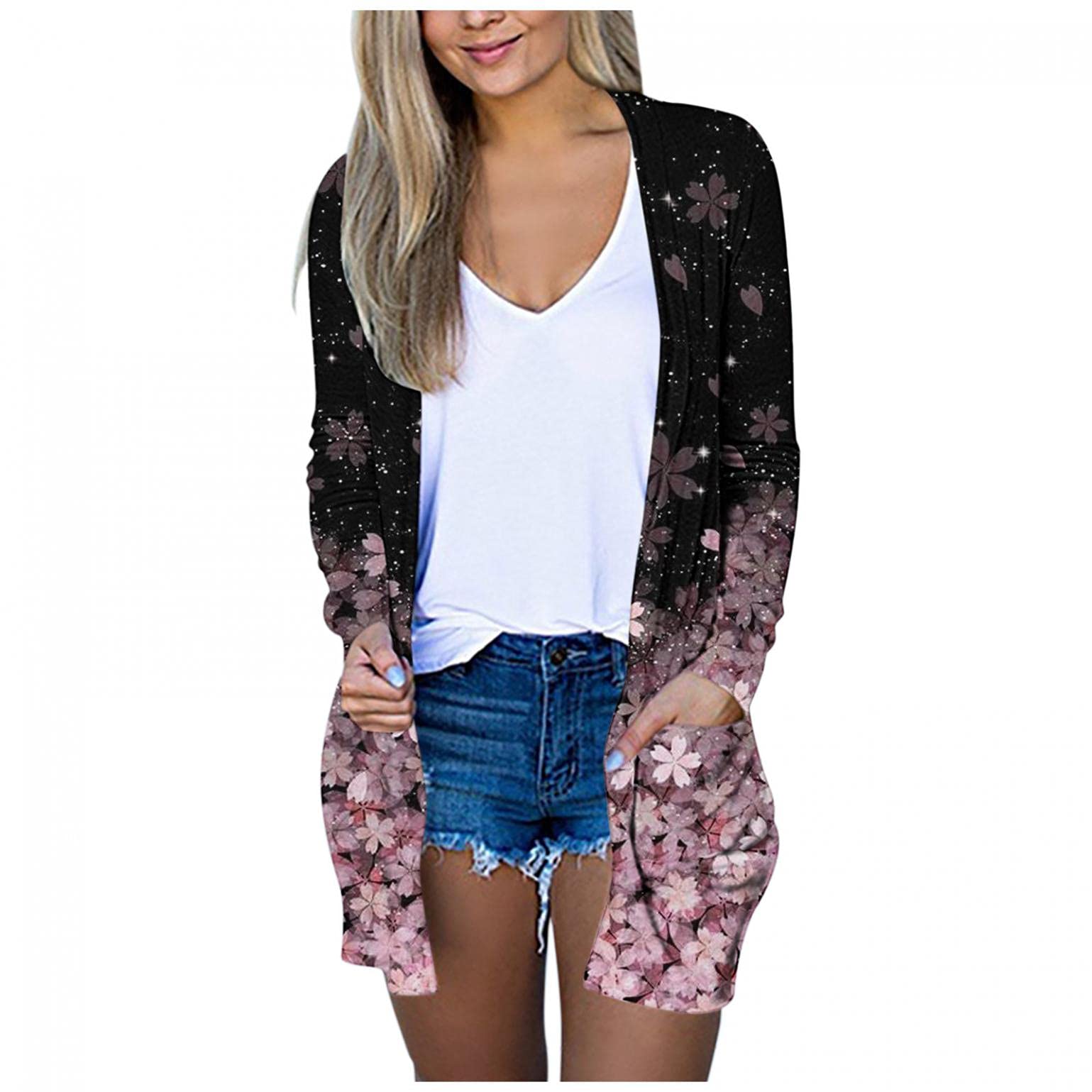 Women's Floral Print Long Sleeve Open Front Cardigan - Lightweight Fall Sweater Tops for Women - Perfect for Office Wear, Casual Outfits & Autumn Layering