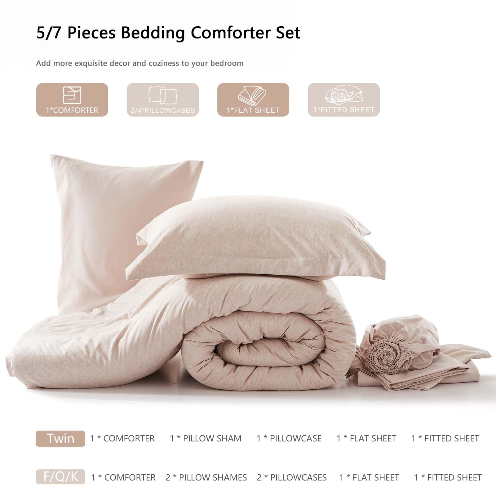 UNILIBRA 7-Piece Queen Comforter Set - All Seasons Soft Bedding Set with Comforter, Flat Sheet, Fitted Sheet, Pillowcases & Shams - Taupe Cationic Dye Bed in a Bag | Perfect for Master Bedroom, Guest Room & Cozy Home Decor