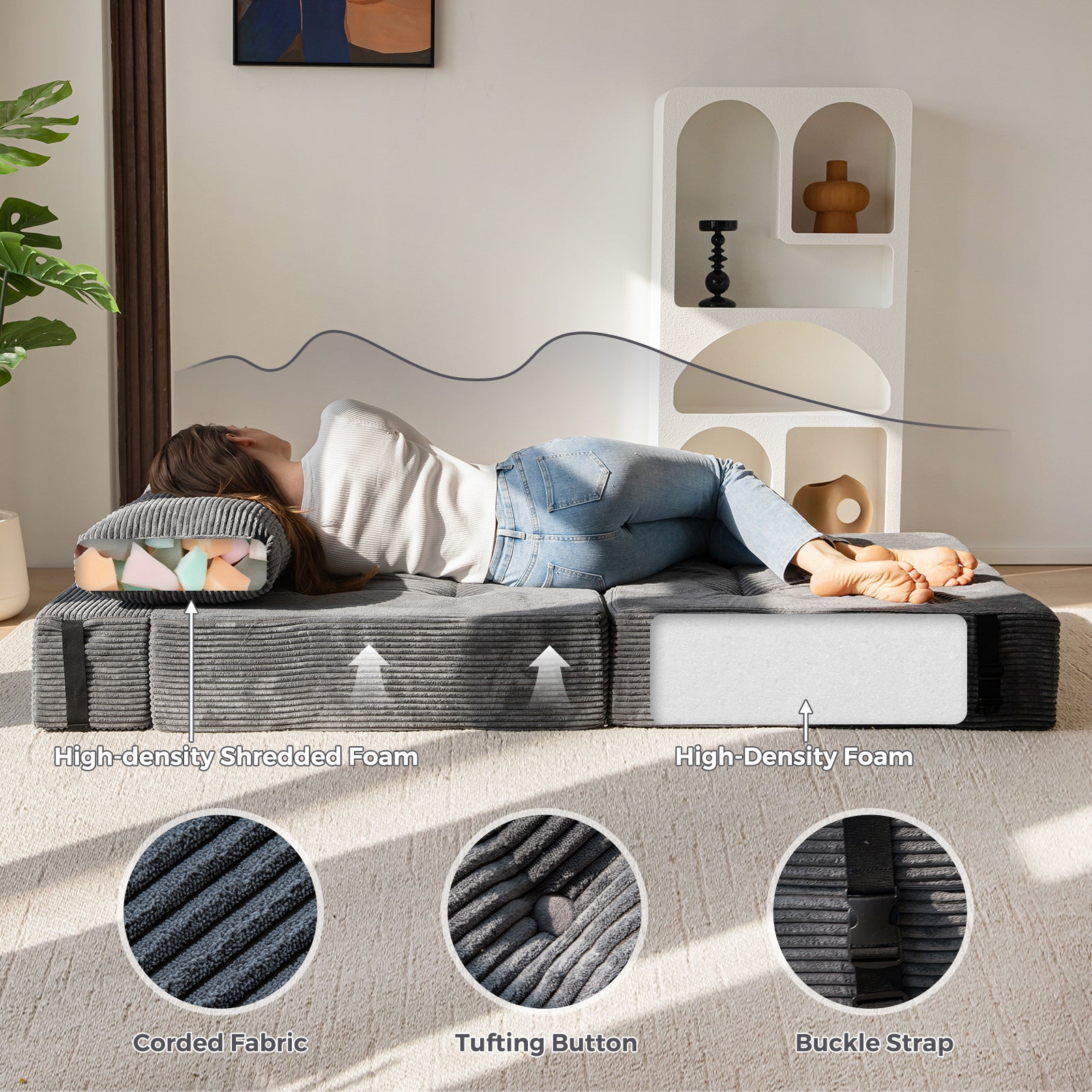 MAXYOYO Convertible Folding Sofa Bed with High-Density Support Foam - Dark Grey Sleeper Couch for Small Spaces, Living Room, Bedroom & Guest Room | Space-Saving Multi-Functional Furniture