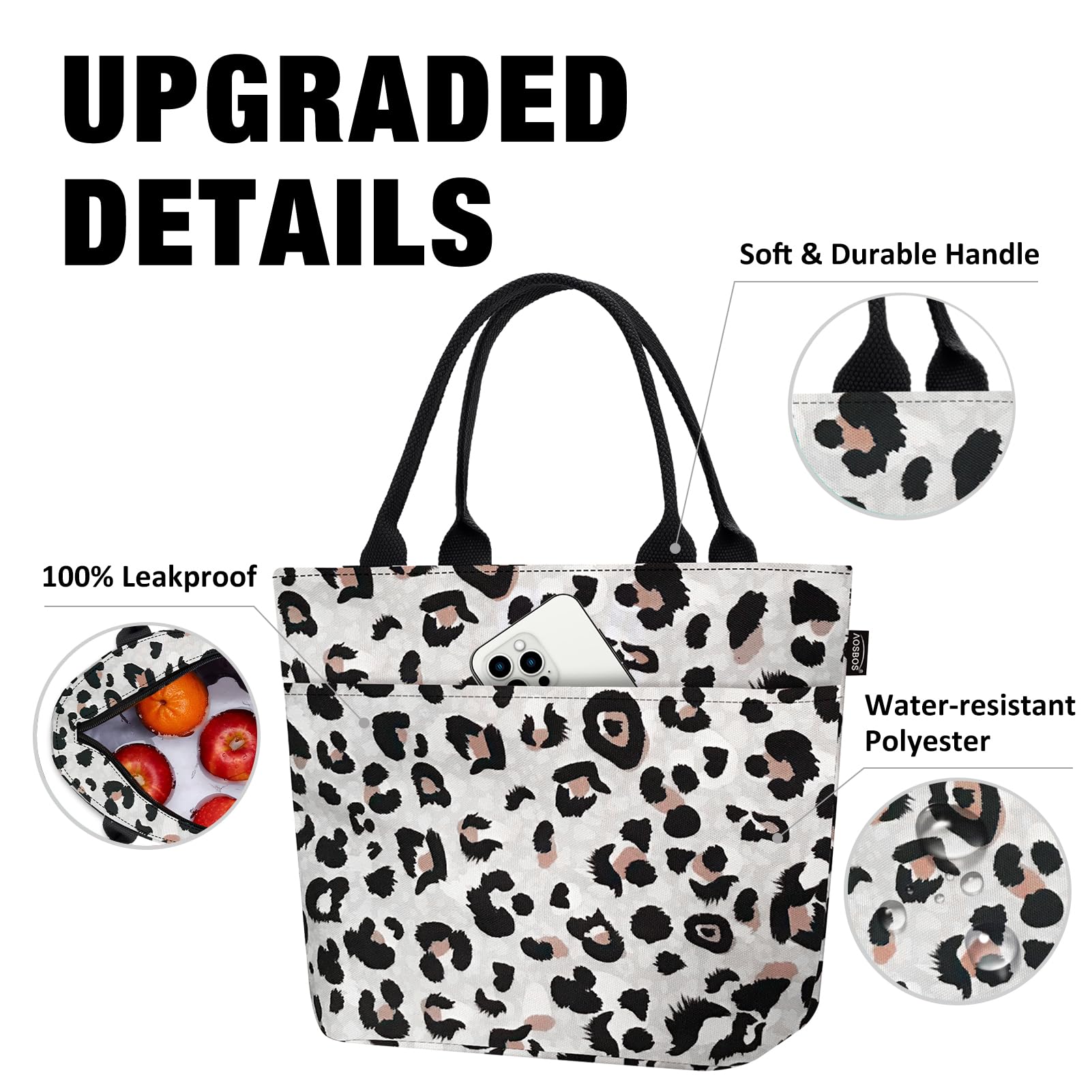 Aosbos Insulated Leopard Print Lunch Bag for Women - Leakproof Lunch Tote & Cooler Bag for Work, Office, School, Picnics | Loncheras Para Mujer, Adult Lunch Box with Thermal Insulation