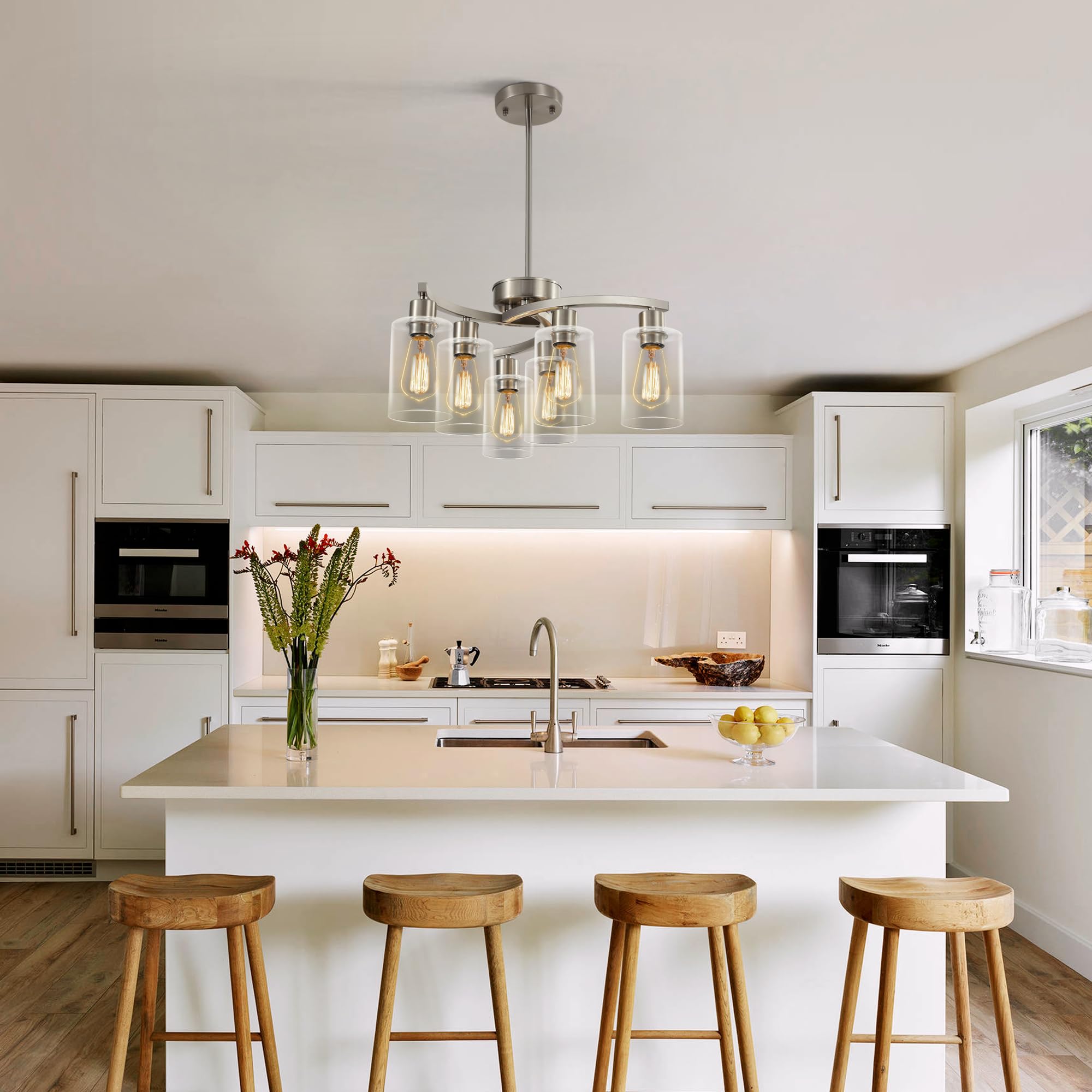6-Light Brushed Nickel Chandelier - Adjustable Height Industrial Pendant Lighting with Clear Glass Shade for Dining Room, Kitchen Island & Bedroom | Perfect for Modern Farmhouse, Loft & Industrial Style Decor