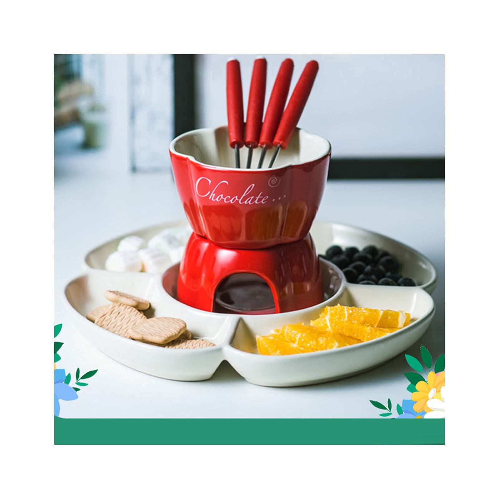 TTXP Ceramic Tealight Candle Warmer & Chocolate Fondue Set - 6oz Melting Pot for Ice Cream, Wax, Candy - Perfect for Home, Cafe & Romantic Dinners - Red (One Size)
