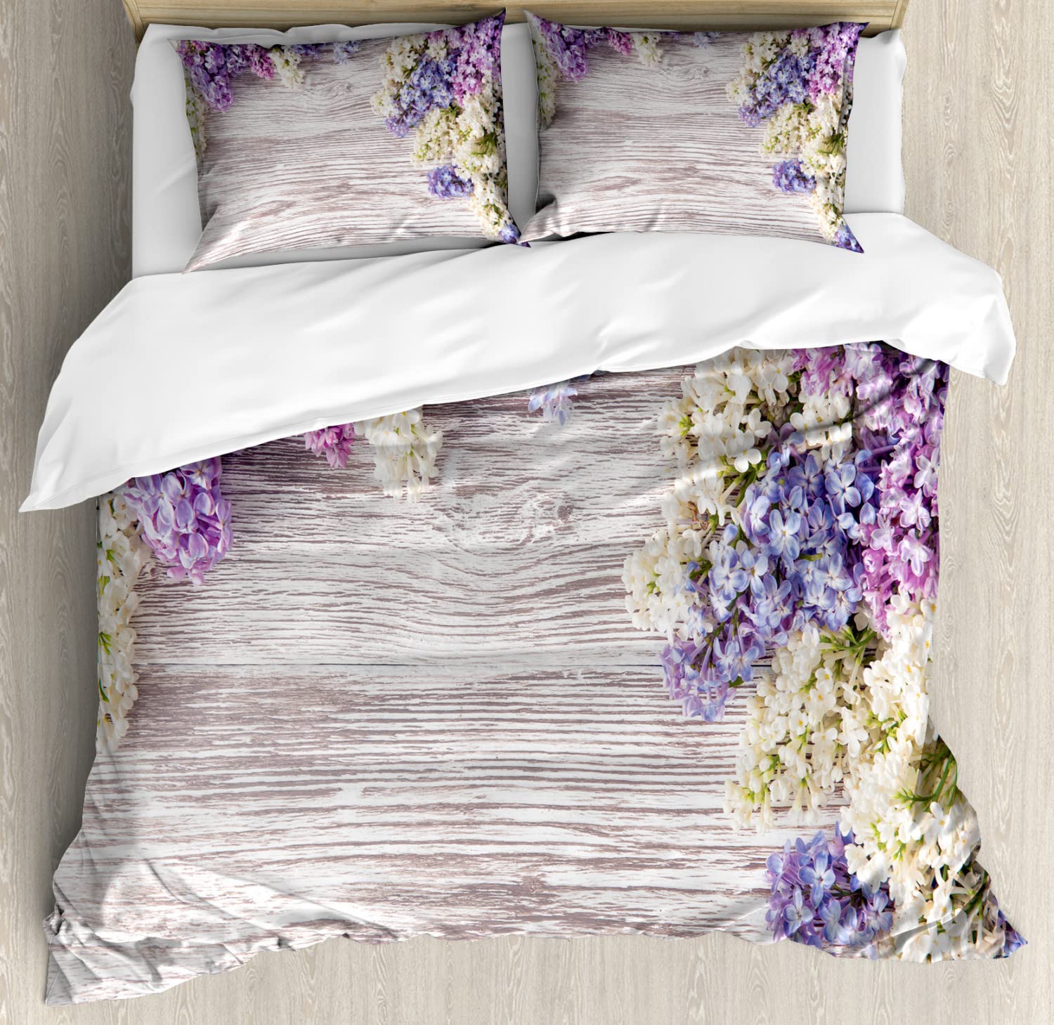 Ambesonne Rustic Floral Duvet Cover Set - Lilac Flowers Bouquet on Wood Table, Spring Nature Romance Love Theme, Twin Size 2-Pack (2 Duvet Covers + 2 Pillowcases) in Lilac Violet Dark Taupe - Perfect for Bedroom Decor, Guest Room Makeover & Cozy Farmhouse Style