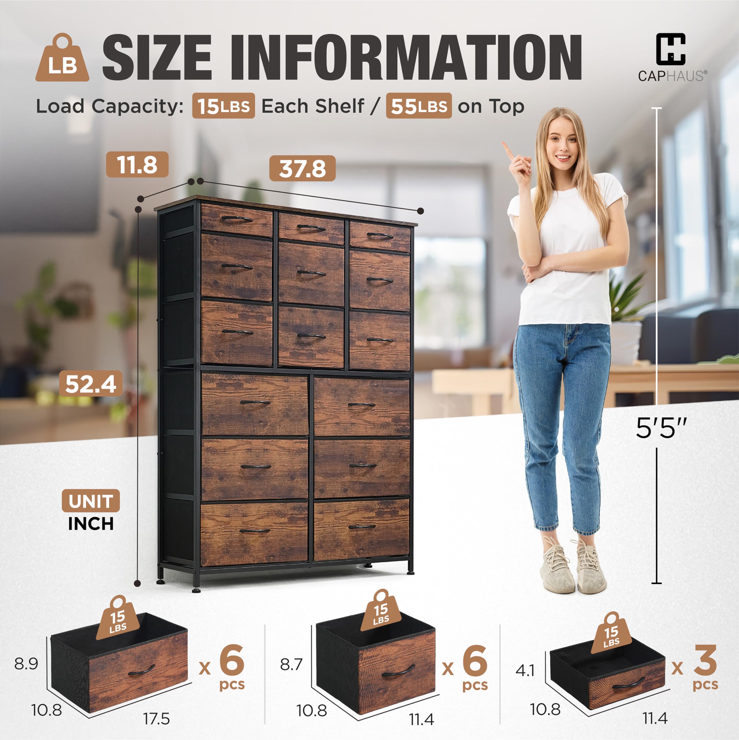 CAPHAUS 15-Bin Fabric Drawer Storage Tower with P2 Board Top - Laundry Organizer, Clothes Sorter, Multi-Purpose Chest of Drawers for Bedroom, Hallway & Office - Rustic Oak Finish for Home Organization