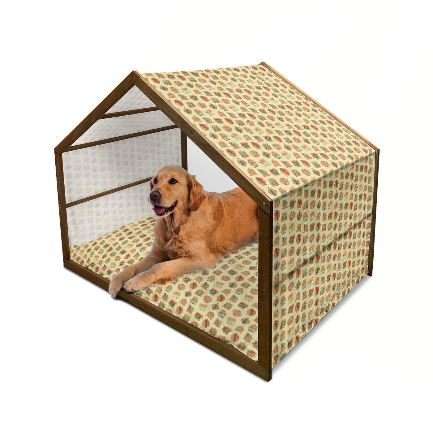 Ambesonne Jazz Music Themed Wooden Dog House - Indoor & Outdoor Portable Pet Kennel with Pillow & Cover - X-Large Multicolor Design Featuring Saxophone & Microphone - Perfect for Music Lovers & Festival-Themed Home Decor
