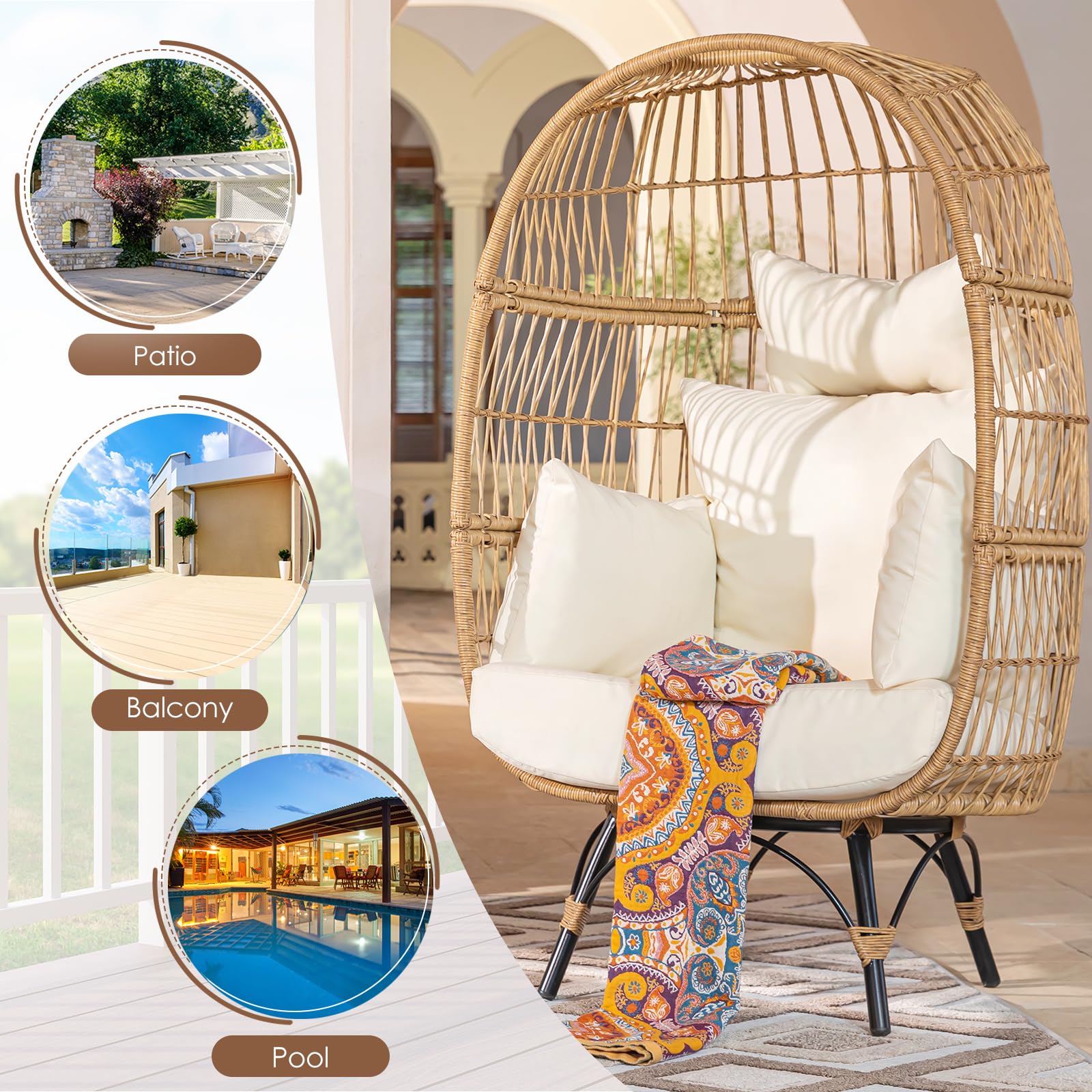 **RADIATA Oversized Wicker Egg Chair with 5 Cushions – 440lb Capacity, Heavy-Duty Steel Frame – Indoor & Outdoor Use for Patio, Backyard, Living Room (Beige) – Perfect for Relaxing, Reading, or Sunbathing**