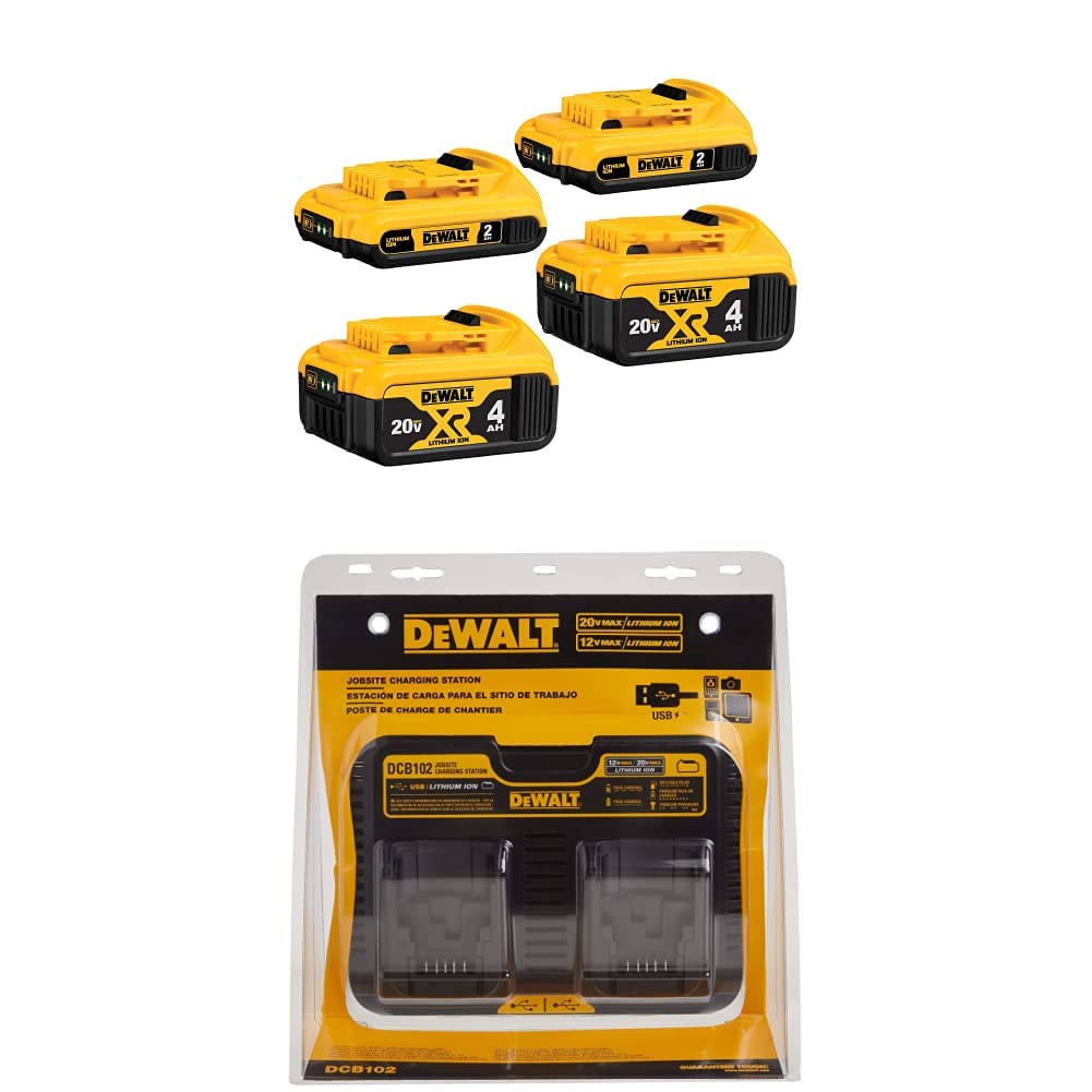 DEWALT 20V MAX Lithium Ion Battery Pack (4Ah & 2Ah, 4-Pack) with Dual Charging Station - Compatible with 12V/20V MAX Tools - Ideal for Construction, DIY Projects & Jobsite Power Needs (DCB3244 & DCB102)