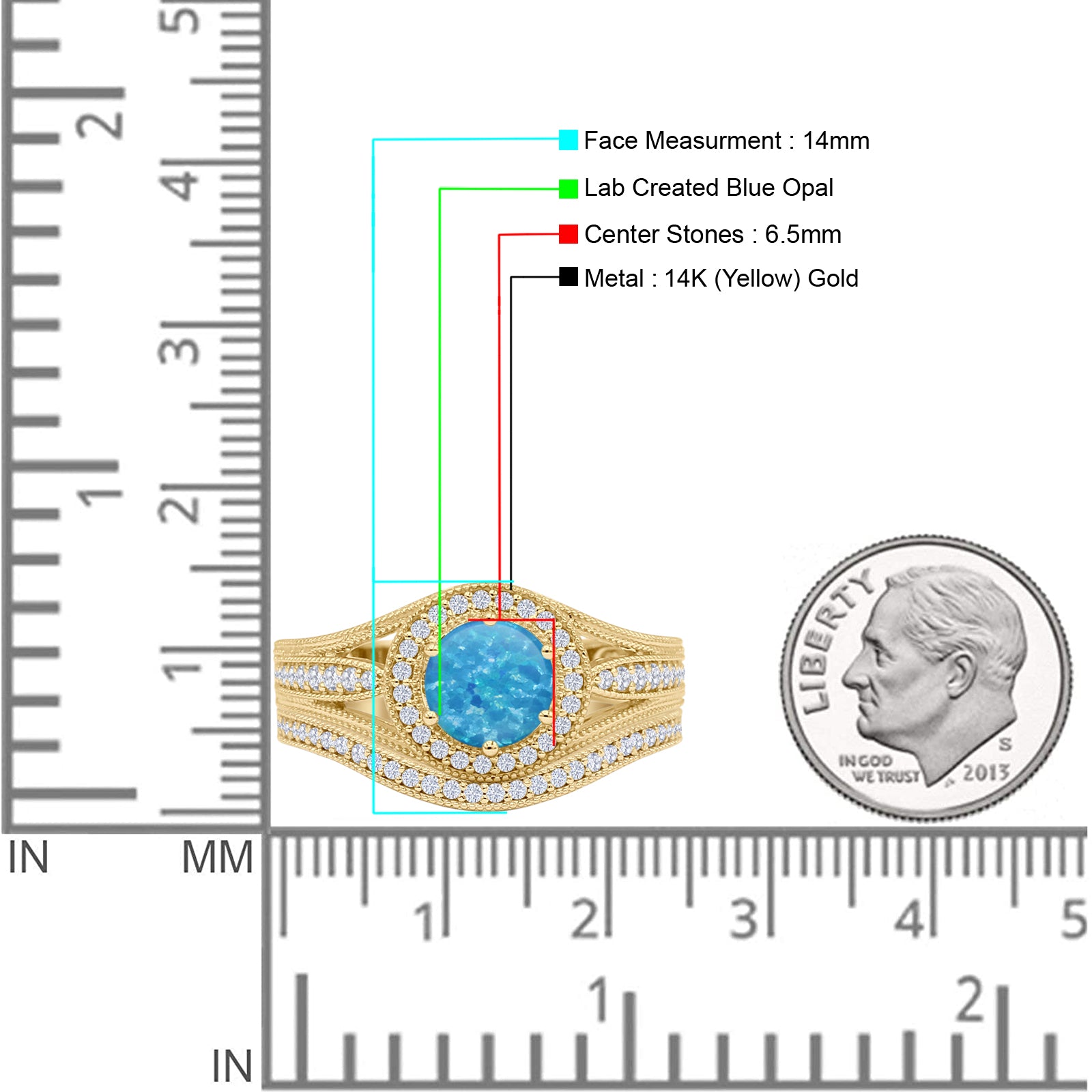 14K Yellow Gold Two Piece Round Halo Split Shank Curved Contour Band Lab Created Blue Opal Ring for Women - Elegant Wedding, Engagement, Anniversary Jewelry Gift - Perfect for Bridal, Evening Wear & Special Occasions