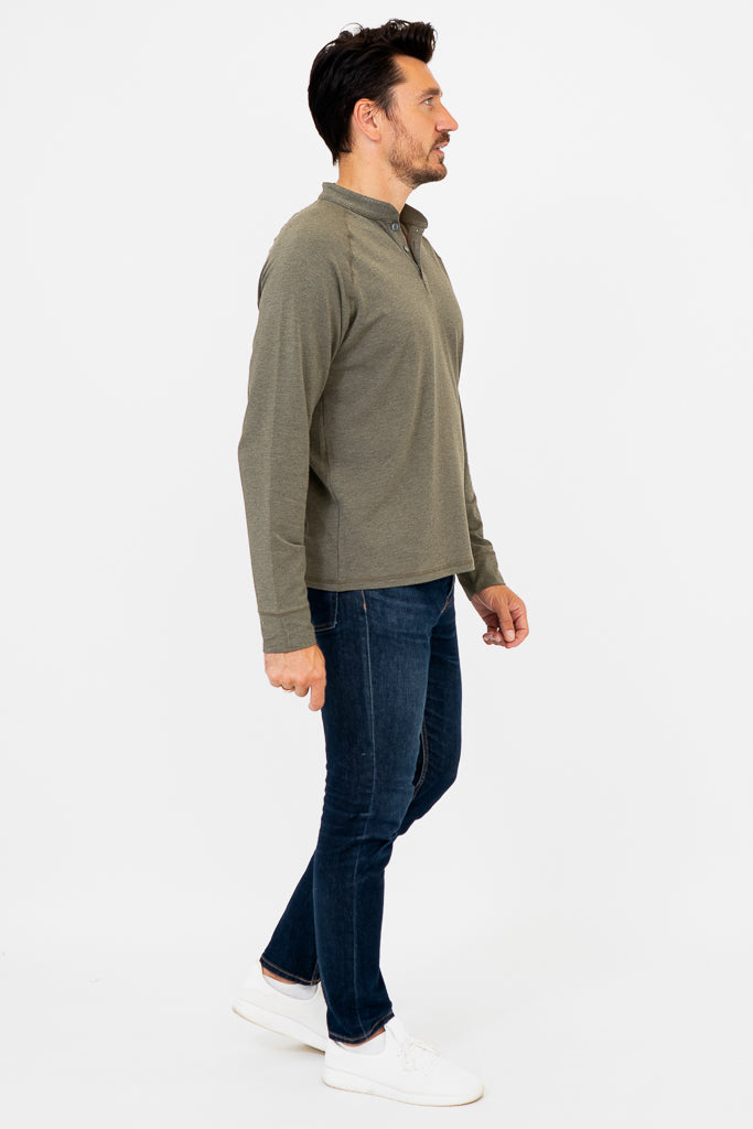 Men's Henley Shirt - Yarn-Dyed Khaki Bamboo Fabric - Casual Wear for Outdoor Activities & Everyday Comfort