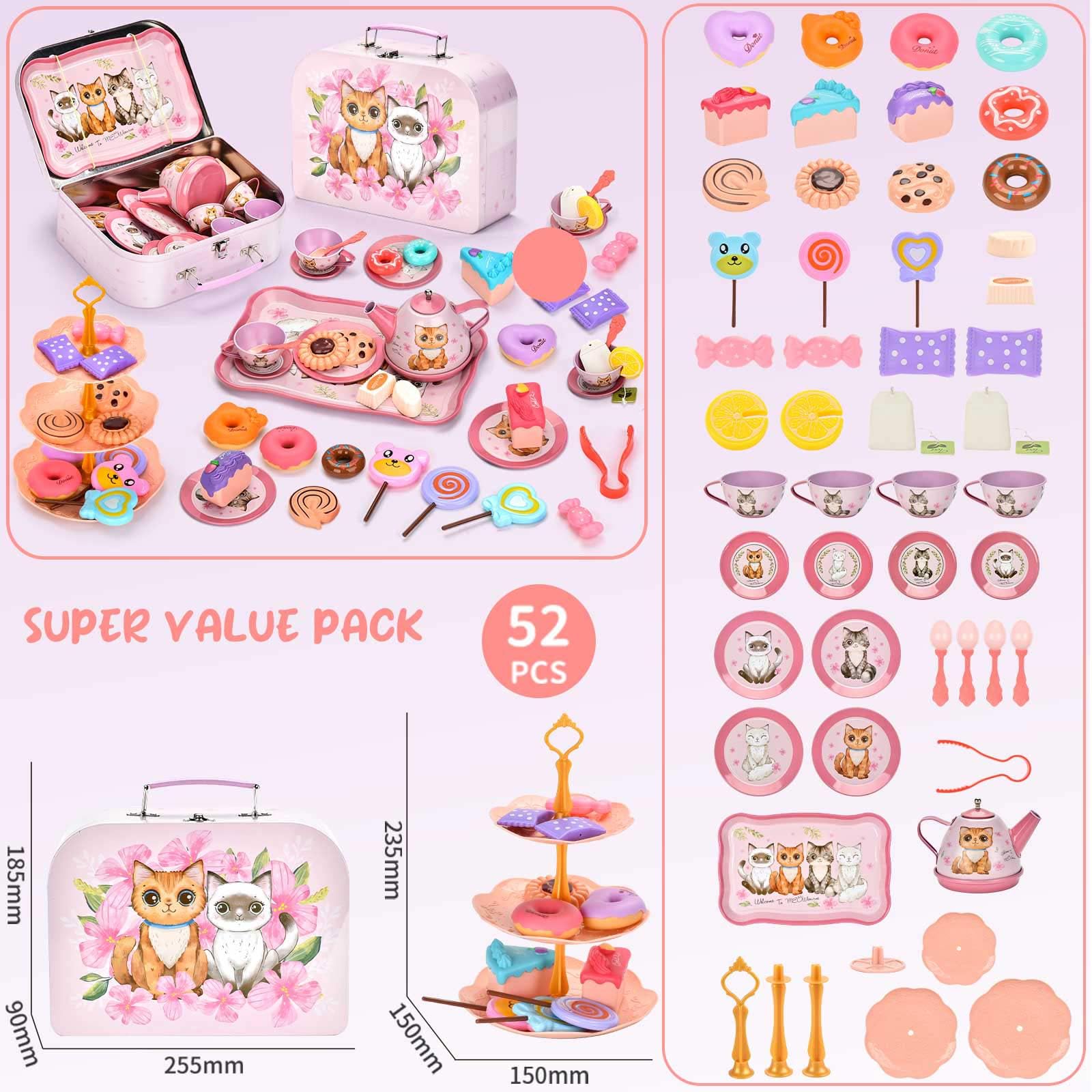 52-Piece Pretend Play Tea Set for Toddlers & Kids Ages 3-6 - Pink Tea Party Toys with Desserts & Metal Carrying Case - Perfect Birthday Gift, Christmas Stocking Stuffer for Girls - Fun Role Play for Playdates, Tea Parties & Imaginative Play
