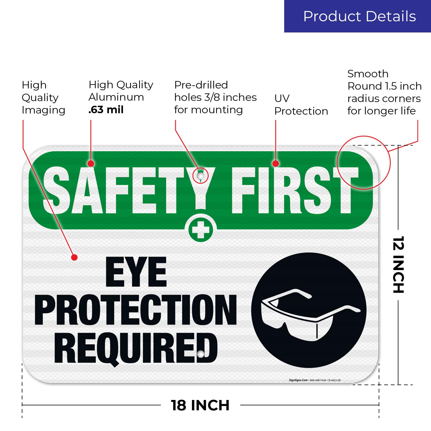 OSHA Compliant Eye Protection Required Sign - 12x18 Inches, 3M EGP Reflective .063 Aluminum, Fade Resistant for Indoor & Outdoor Use - Made in USA - Perfect for Construction Sites, Factories & Workplaces