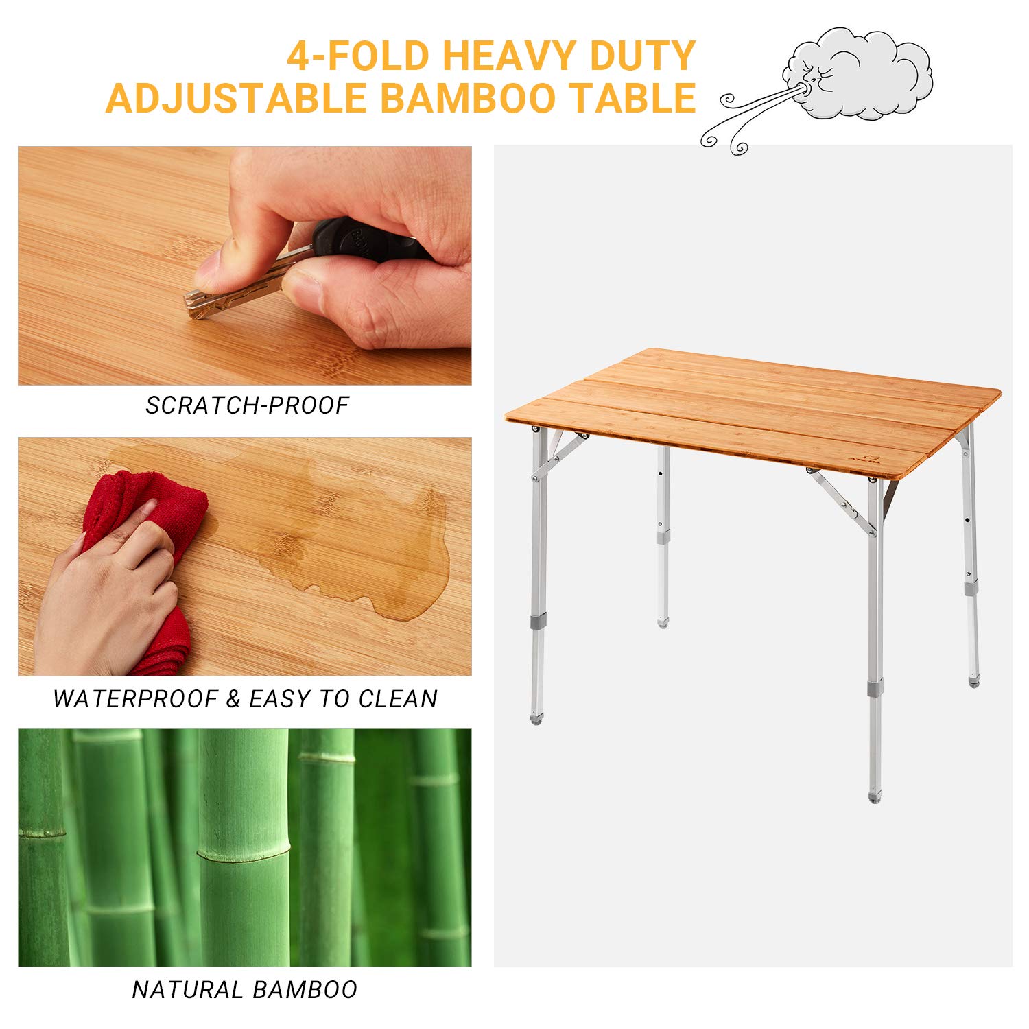 ATEPA Adjustable Height Bamboo Folding Camping Table with Aluminum Legs - Portable Outdoor Coffee Table for Patio, Travel, Picnic, Indoor & Outdoor Use - Perfect for Backyard BBQs, Beach Trips and RV Camping