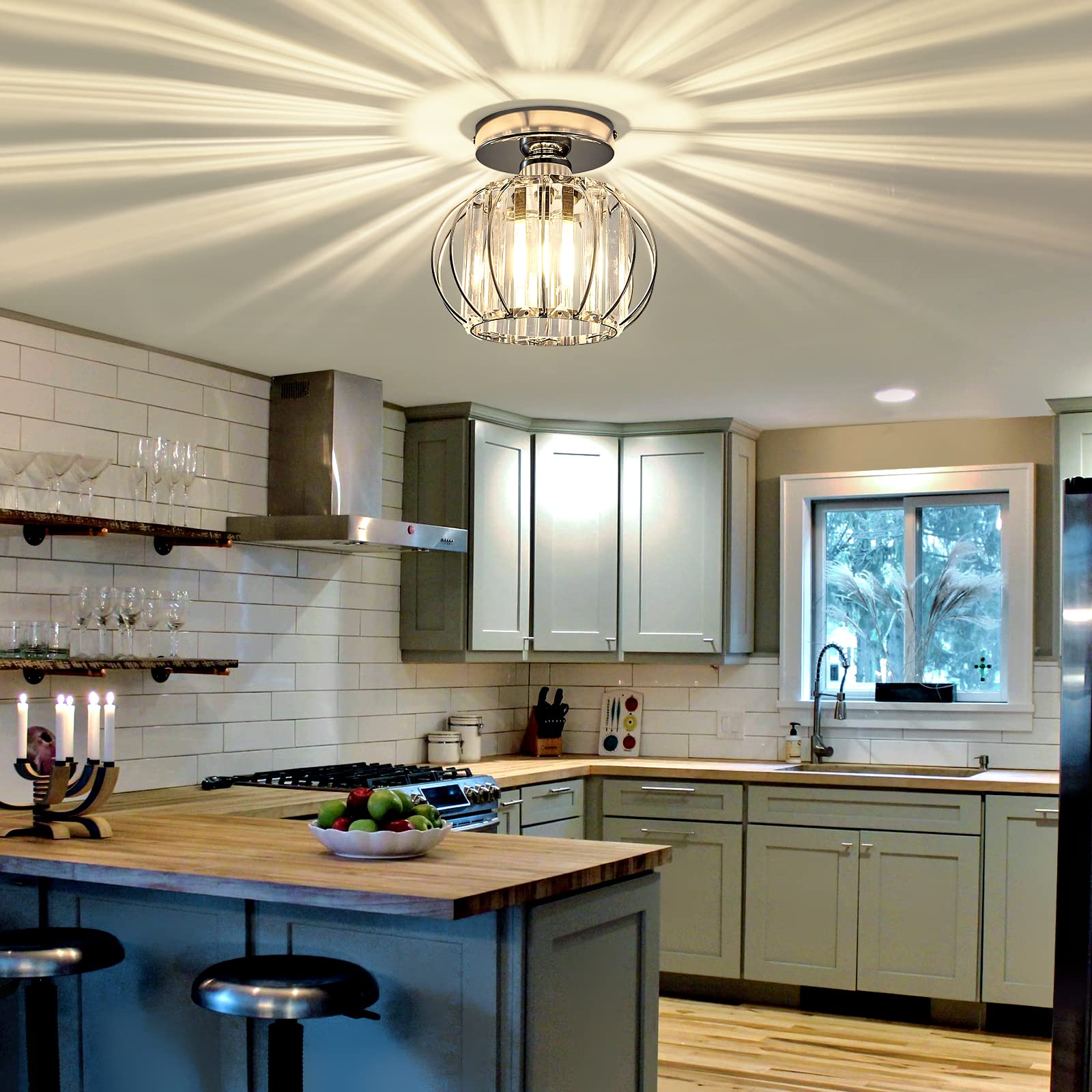 Modern Semi Flush Mount Ceiling Light Fixture - E26 Mini Crystal Chandelier in Chrome/Silver - Small Ceiling Lamp for Entryway, Bedroom, Bathroom, Hallway, Closet & Foyer - Perfect for Home Decor, Apartment Lighting & Interior Design