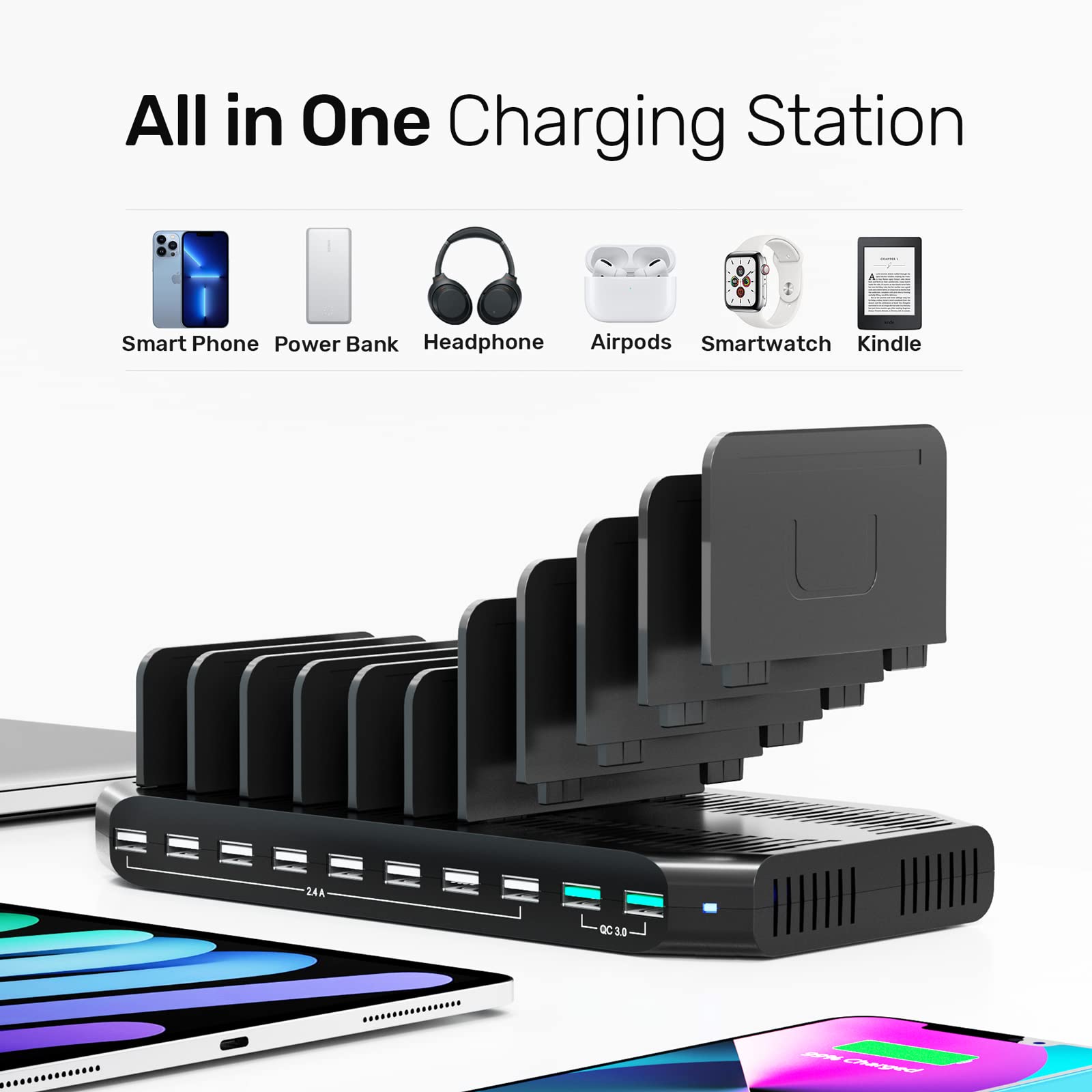 Unitek 6-Port USB Charging Station with Quick Charge 3.0 | Multi-Device Charger Dock for iPhone, Android, iPad, Tablet | Space-Saving Charger Organizer Stand with Dividers | Perfect for Home, Office & Travel Use