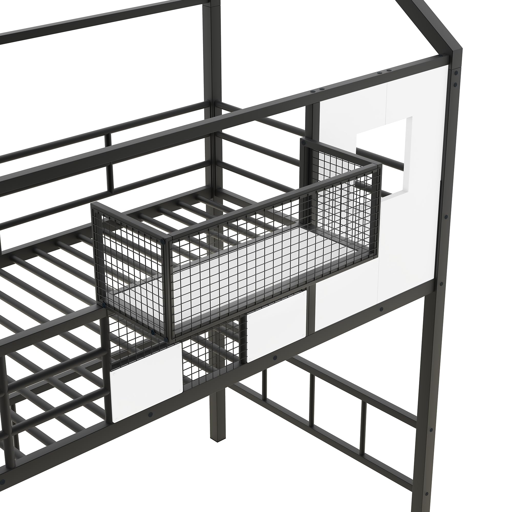 **Twin Size Loft Bed with Storage Stairs, Roof, Window & Guardrail – Metal House Loft Bed for Kids & Teens – Space-Saving Black Twin Loft Bed with Storage Box – Perfect for Small Rooms, Dormitories & Kids' Bedrooms**