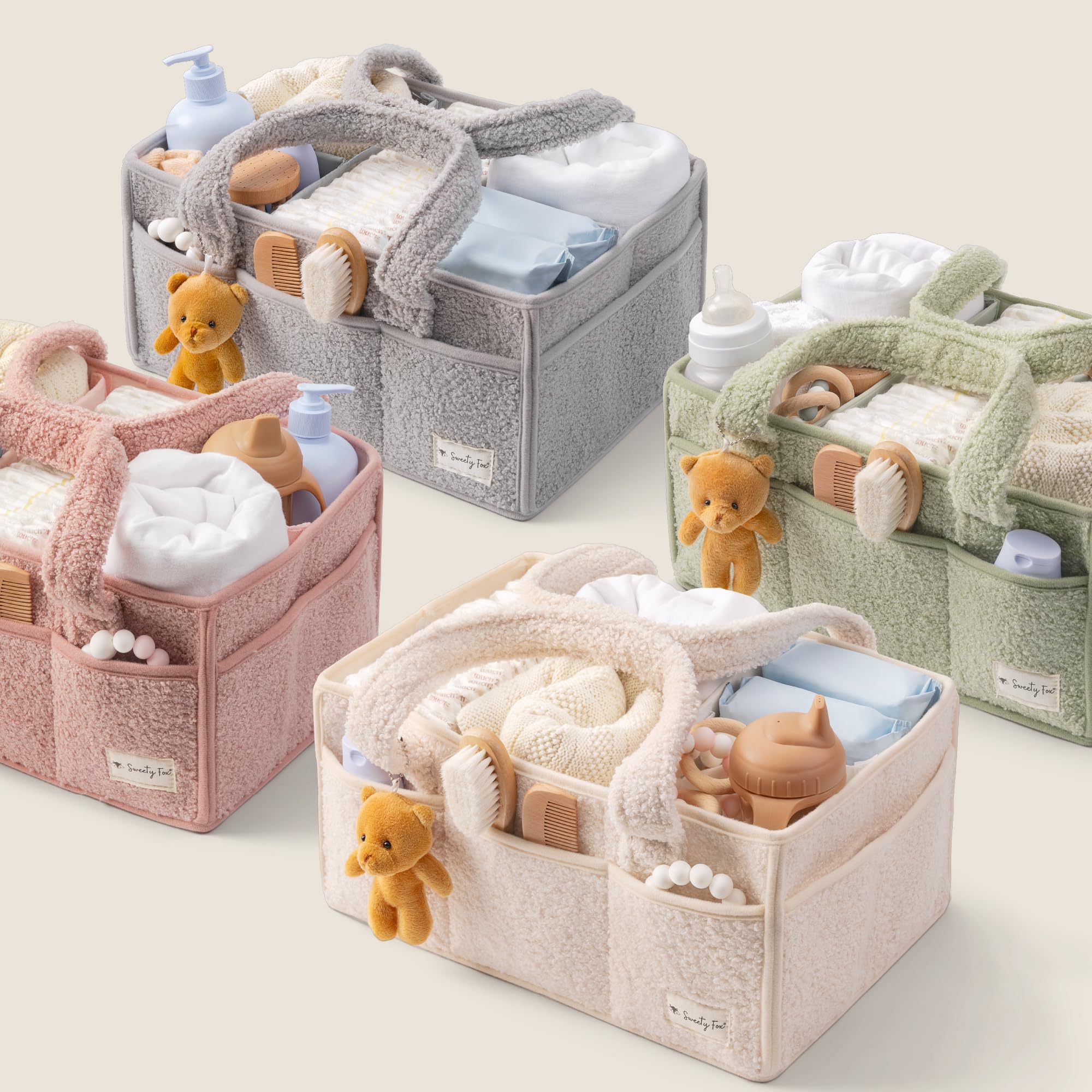 Sweety Fox Baby Diaper Caddy Organizer with Handle - Portable Sherpa Nursery Basket for Baby Essentials - Car Diaper Organizer & Cleaning Caddy - Perfect Baby Shower Gift (Pink) - Ideal for Nursery, Travel & On-the-Go Parents