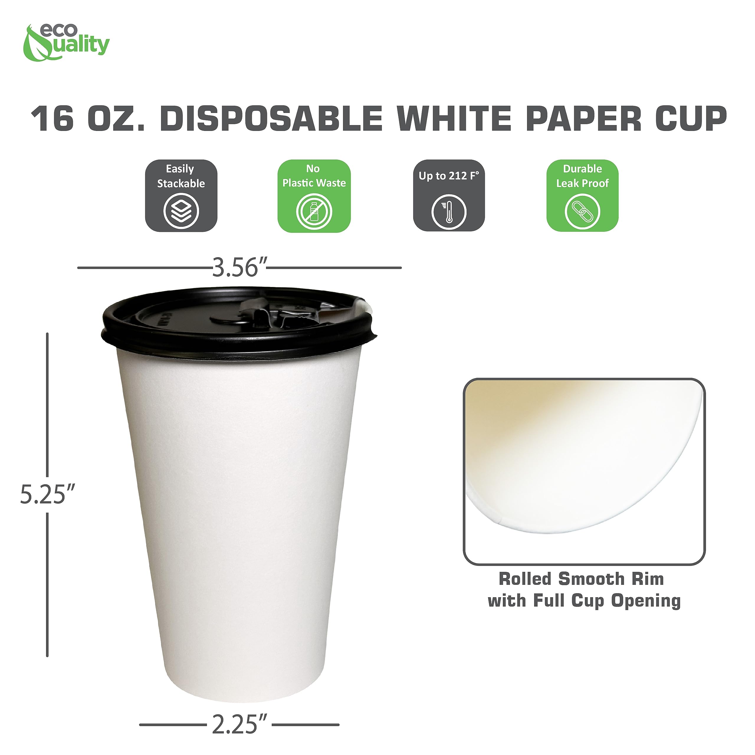 16 oz Disposable White Paper Coffee Cups with Black Flat Lids - 1000 Pack Recyclable Hot & Cold Drink Cups for Tea, Coffee, Water - Perfect for Office Breakrooms, Travel, Picnics & Outdoor Events